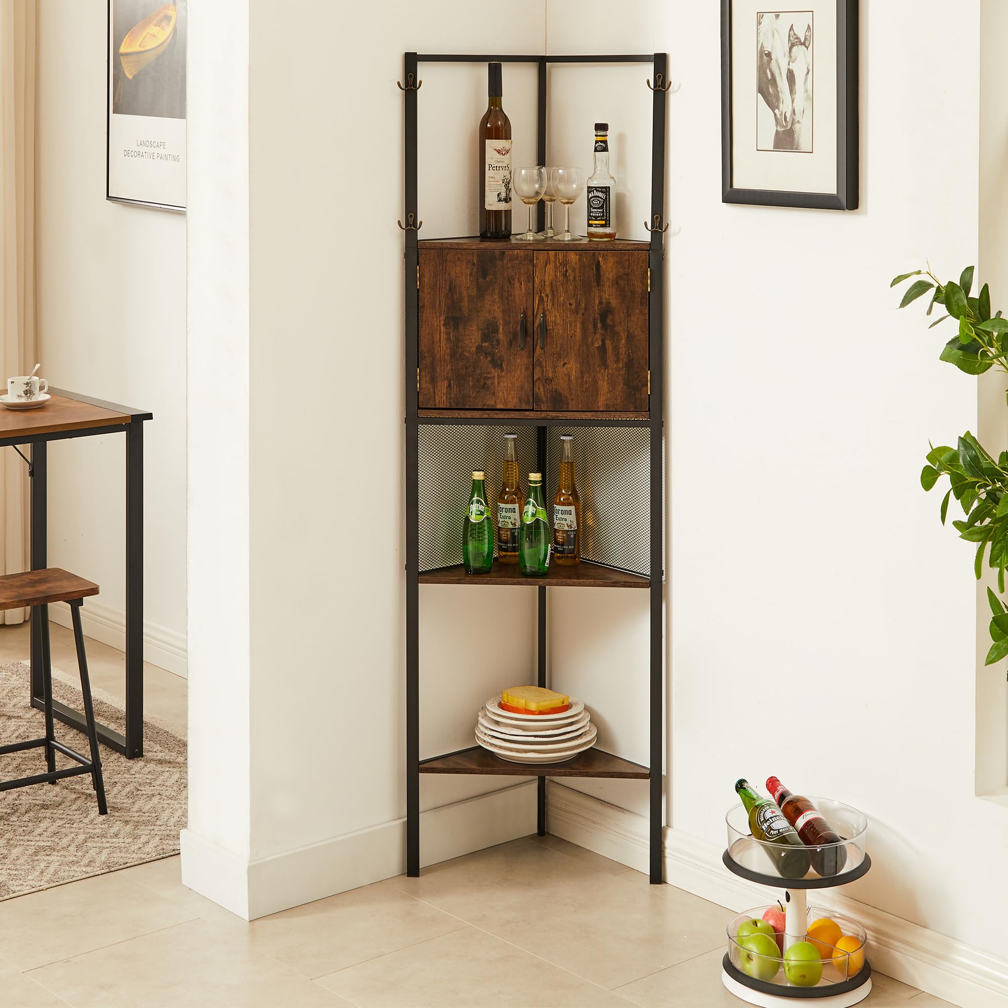 VECELO 5 Tier Corner Shelf Stand, 55.2" Tall Corner Bookshelf, Rustic Brown Storage Standing Shelf for Living Room, Plant Stand &Corner Bookcase for WallCorner, Living Room, Kitchen, Bedroom, Office