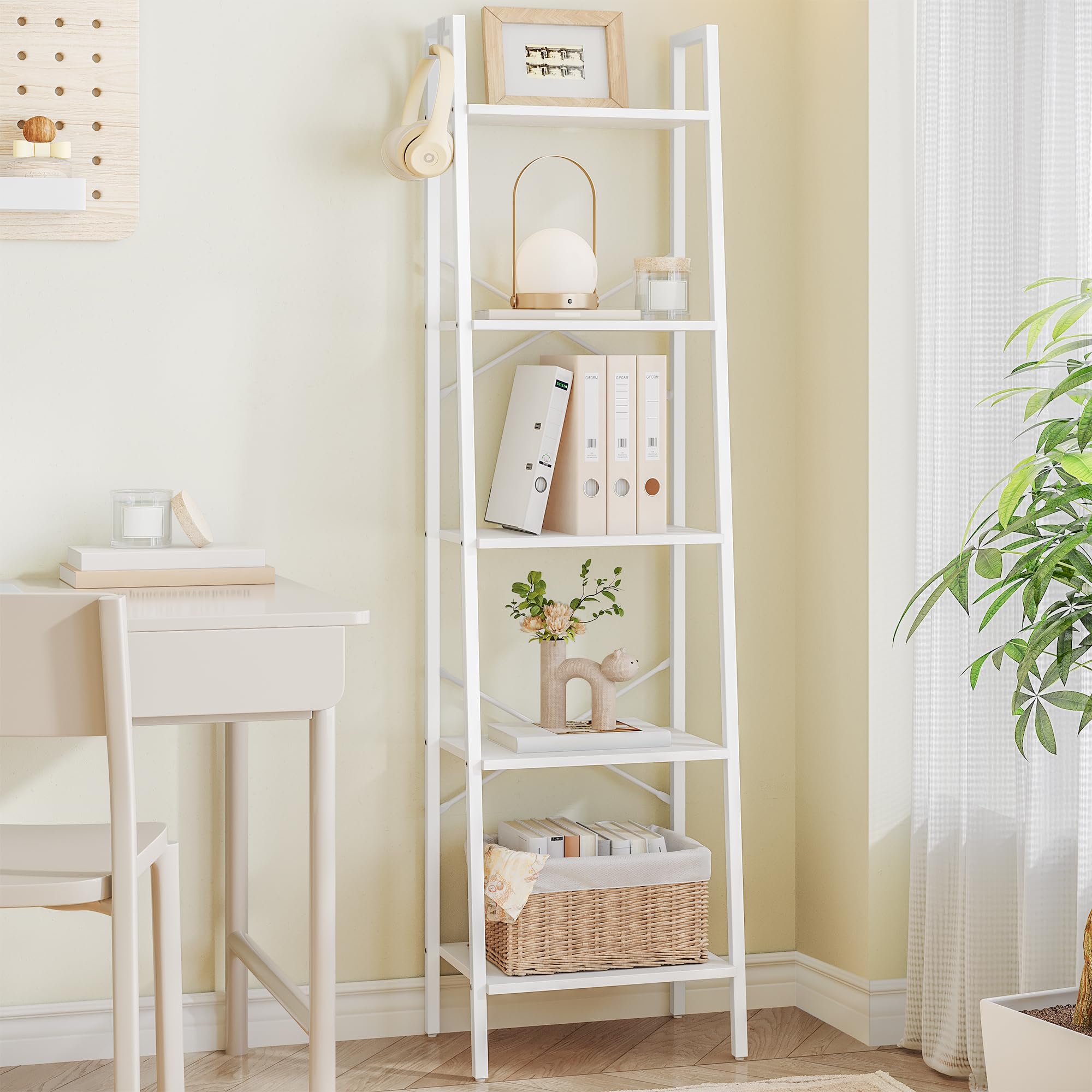 Hzuaneri Ladder Shelf, Bookshelf Bookcase, Freestanding Corner Storage Shelve with 2 Hooks for Home Office, Living Room, Kitchen, Bedroom, Industrial, 11.8" D x 13.4" W x 72.8" H,White Gold BC13313G