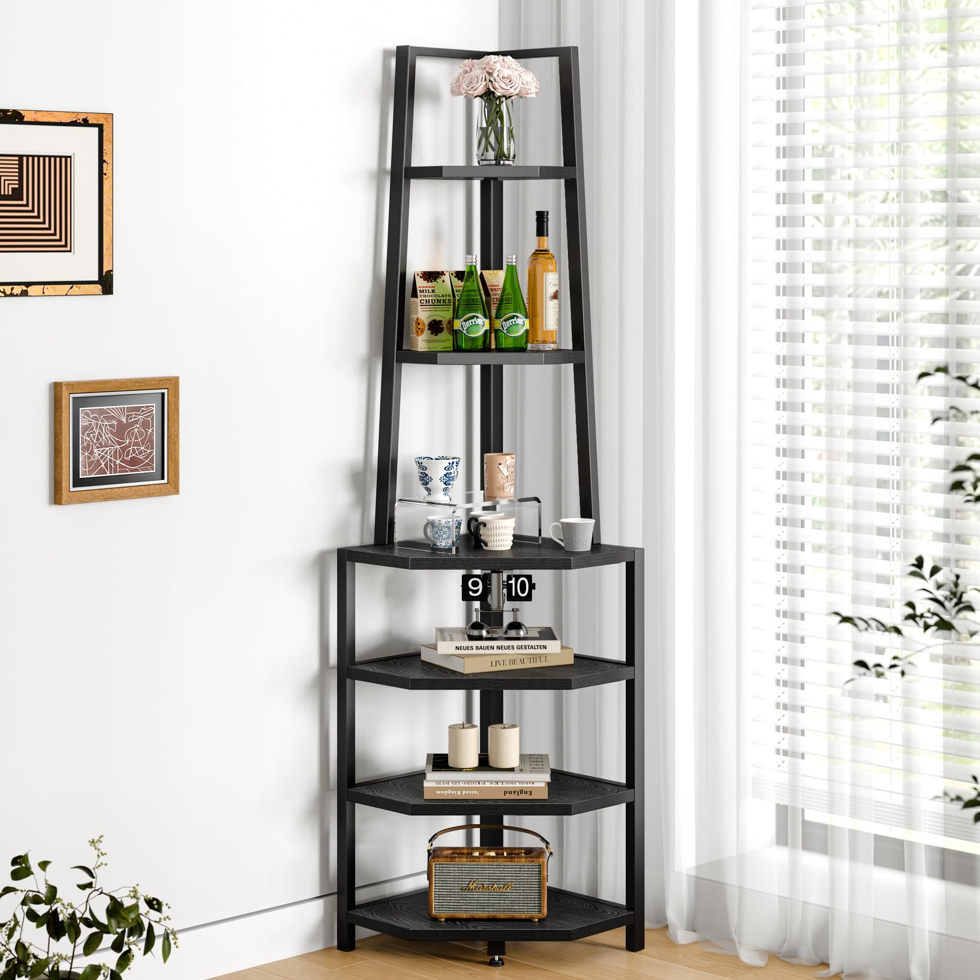 VECELO 6 Tier Corner Shelf 69 Inch Industrial Bookshelf with Metal Frame, Multipurpose Tall Plant Stand with Opening Display Shelves for Living Room, Bedroom, Home Office, Small Space, Black