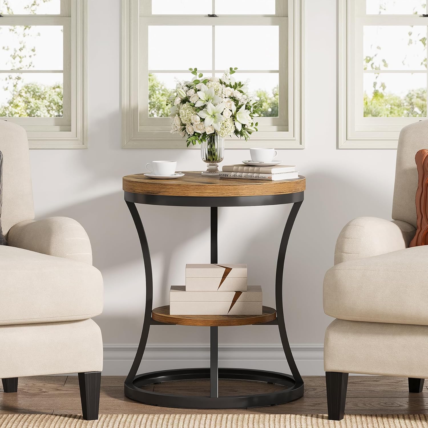 Round End Table, 2 Tier Industrial Side Table, Accent Bedside Table Nightstand with Metal Frame for Living Room, Bedroom, Small Spaces, Easy Assembly, Rustic Brown & Black