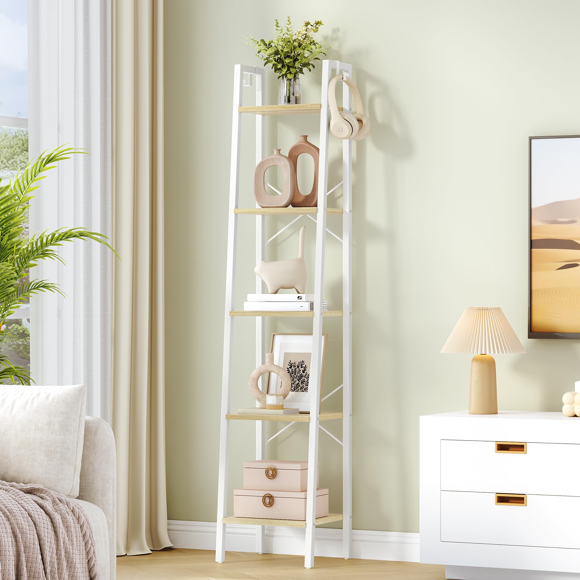 Hzuaneri Ladder Shelf, Bookshelf Bookcase, Freestanding Corner Storage Shelve with 2 Hooks for Home Office, Living Room, Kitchen, Bedroom, Industrial, 11.8" D x 13.4" W x 72.8" H,White Gold BC13313G