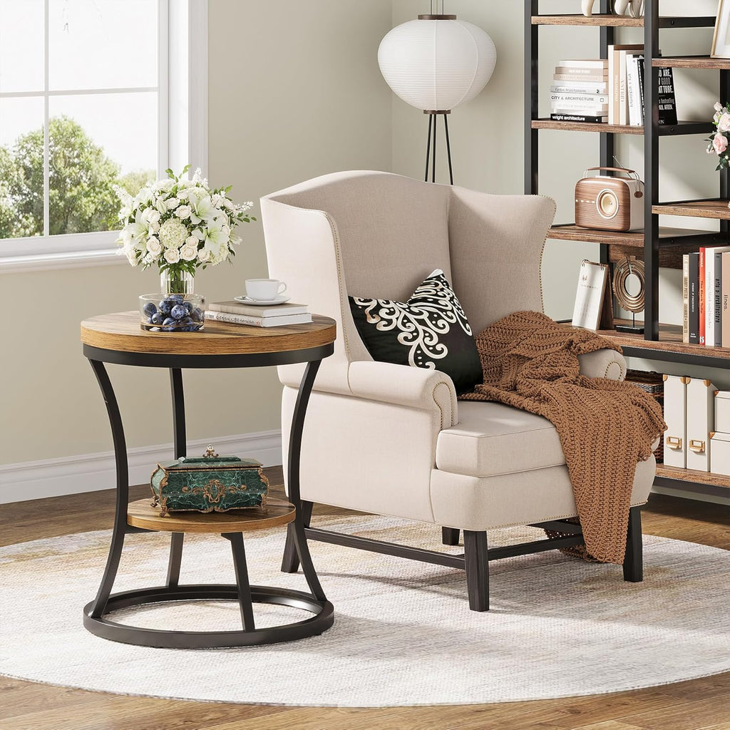 Round End Table, 2 Tier Industrial Side Table, Accent Bedside Table Nightstand with Metal Frame for Living Room, Bedroom, Small Spaces, Easy Assembly, Rustic Brown & Black