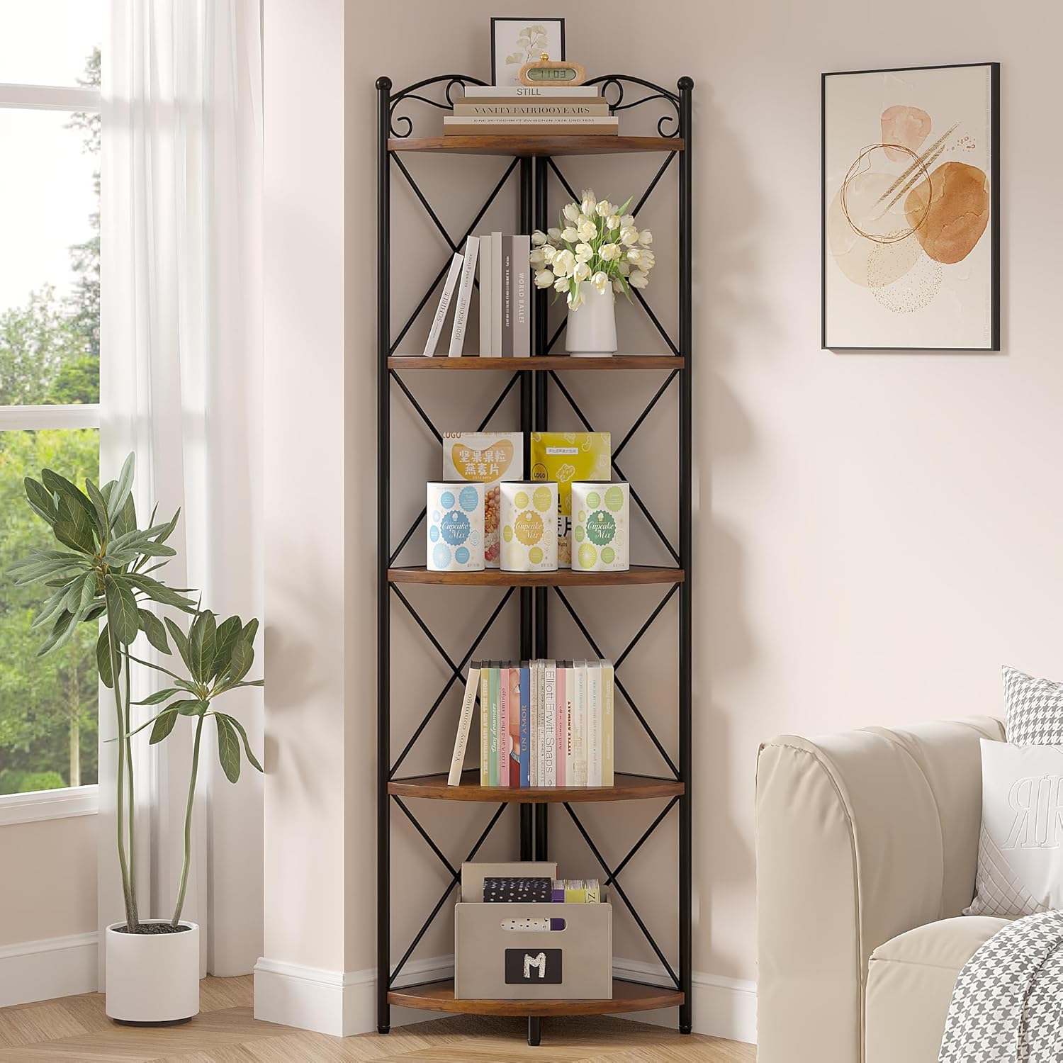 VECELO 5 Tier Corner Shelf Stand, 55.2" Tall Corner Bookshelf, Rustic Brown Storage Standing Shelf for Living Room, Plant Stand &Corner Bookcase for WallCorner, Living Room, Kitchen, Bedroom, Office