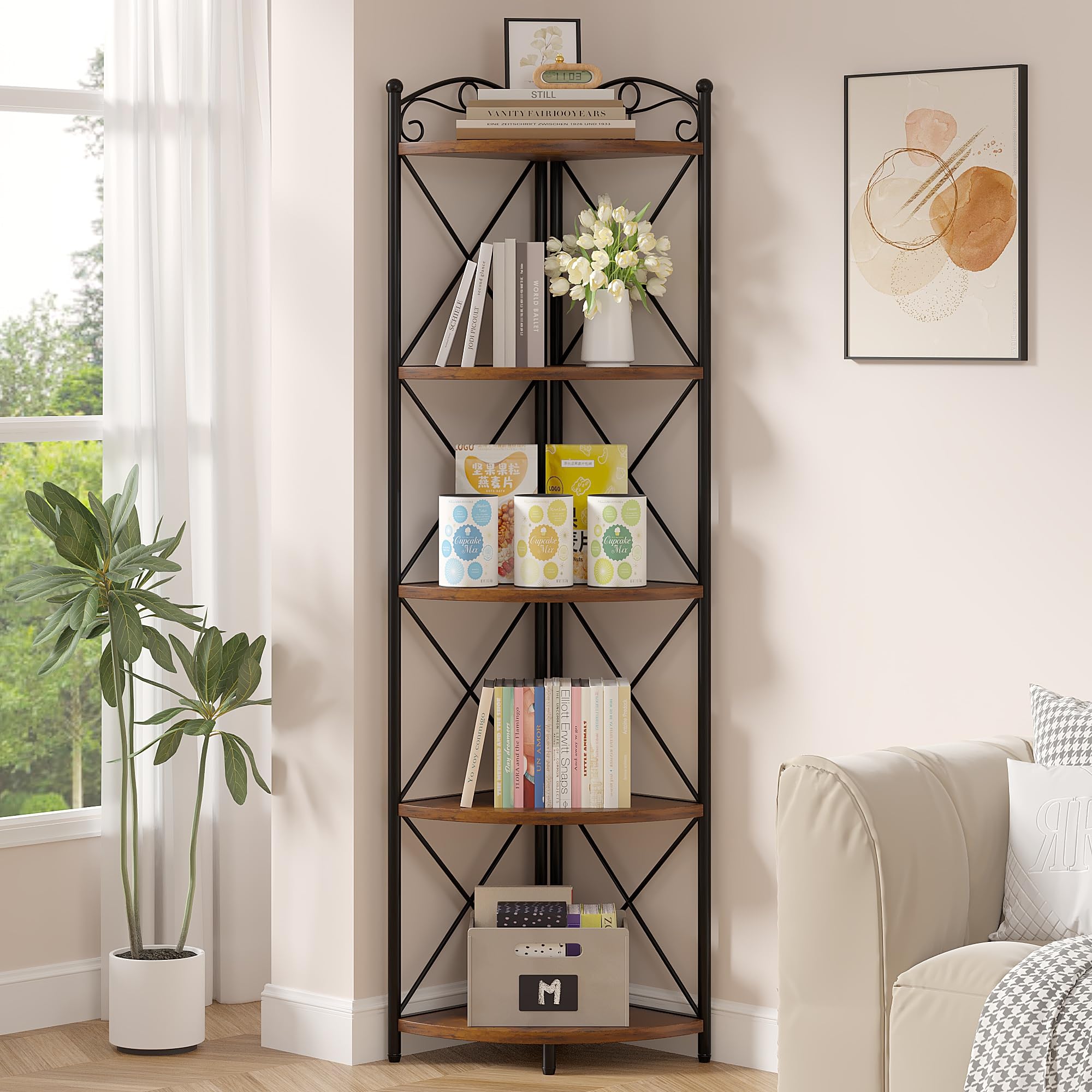 VECELO 5 Tier Corner Shelf Stand, 55.2" Tall Corner Bookshelf, Rustic Brown Storage Standing Shelf for Living Room, Plant Stand &Corner Bookcase for WallCorner, Living Room, Kitchen, Bedroom, Office