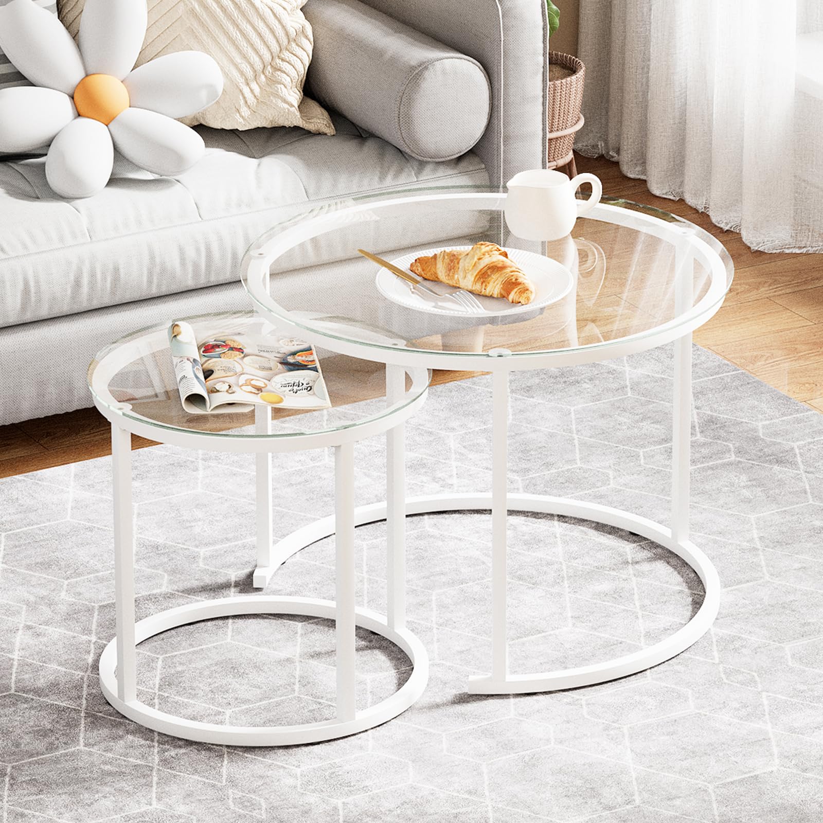 aboxoo Coffee Table Nesting Side Round Set of 2 End Table Top Sturdy Metal Frame Desk Centerpiece Living Room Bedroom Apartment Modern Industrial Simple Nightstand