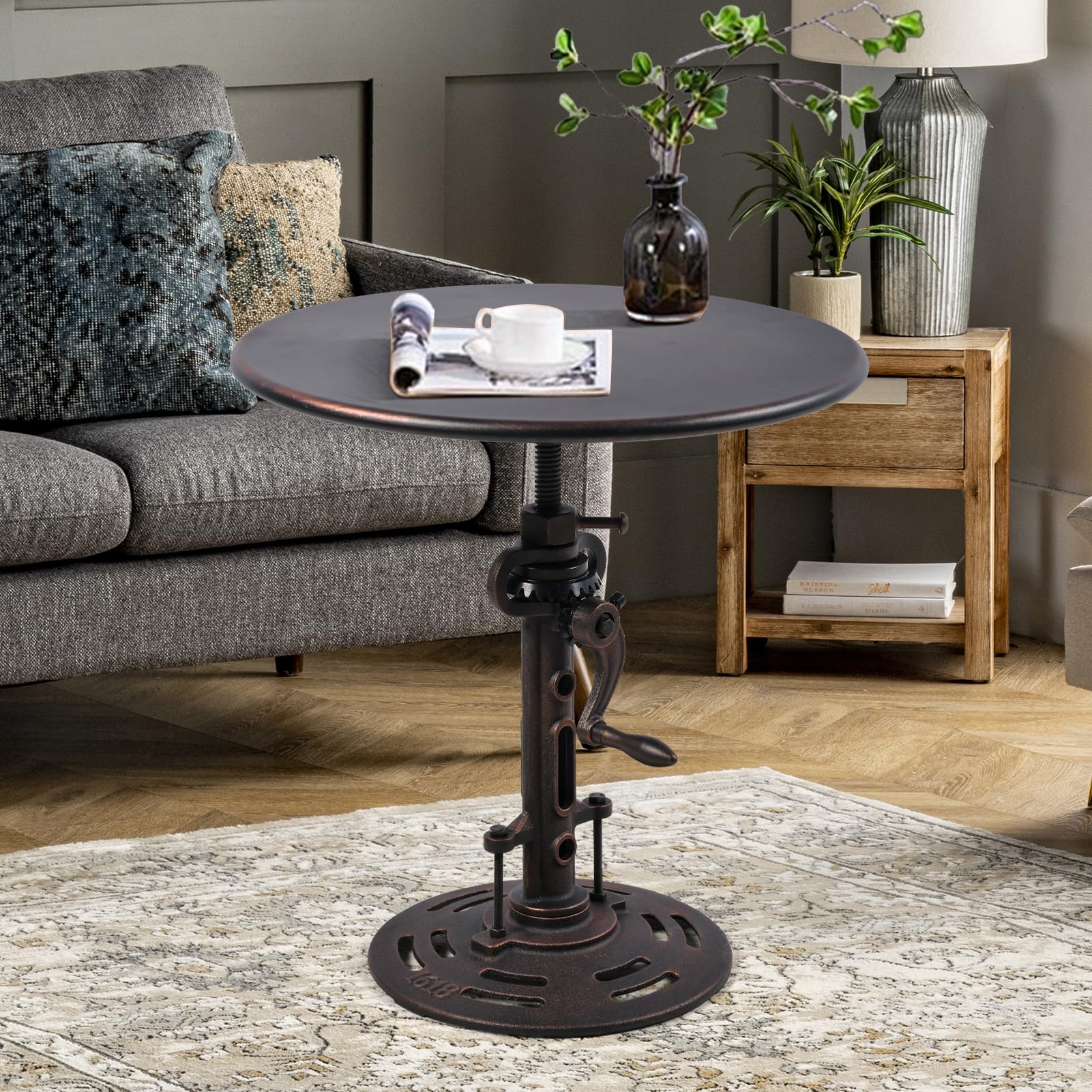 Topower Industrial Retro Side Table end Table Antique Mechanic DIY Crank Height Ajustable Cast Iron Base Table Farmhouse Accent End Table Silver