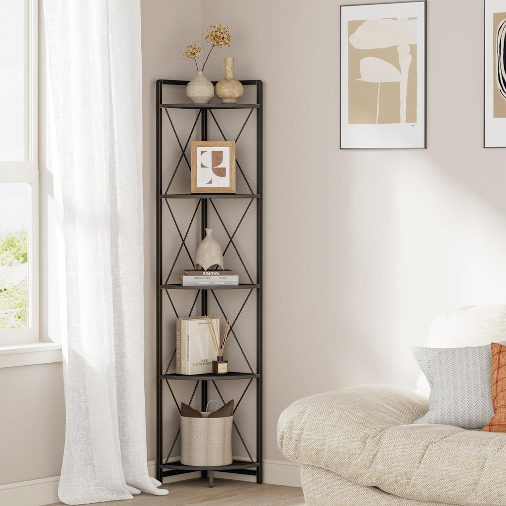 6 Tier Corner Shelf Stand, 78" H Tall Industrial Corner Bookshelf for Living Room Decor, Metal Corner Shelf, Plant Stand Display Shelf for Bedroom, Bathroom, Small Space, Rustic Brown