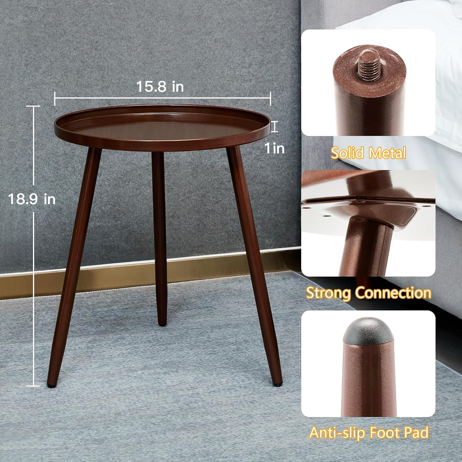 Linpla End/Side Tables - Small Round Accent Table, Metal Bronze Narrow Night Stands with 3 Legs, Ideal for Any Room-Side Tables Living Room, Bedroom, Plant Stand Balcony, Indoor & Outdoor