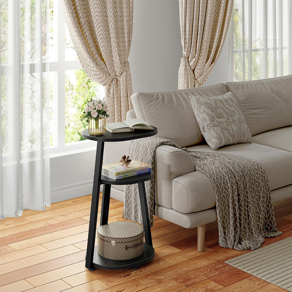 Kalrin Side Table, Small End Table with Metal Frame, 3-Tier Bedside Tables, Round Side Tables for Living Room Bedroom Couch Bathroom, Oval, Pure Black