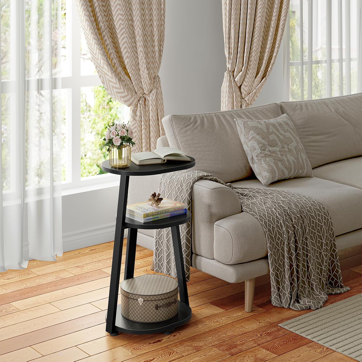 Kalrin Side Table, Small End Table with Metal Frame, 3-Tier Bedside Tables, Round Side Tables for Living Room Bedroom Couch Bathroom, Oval, Pure Black