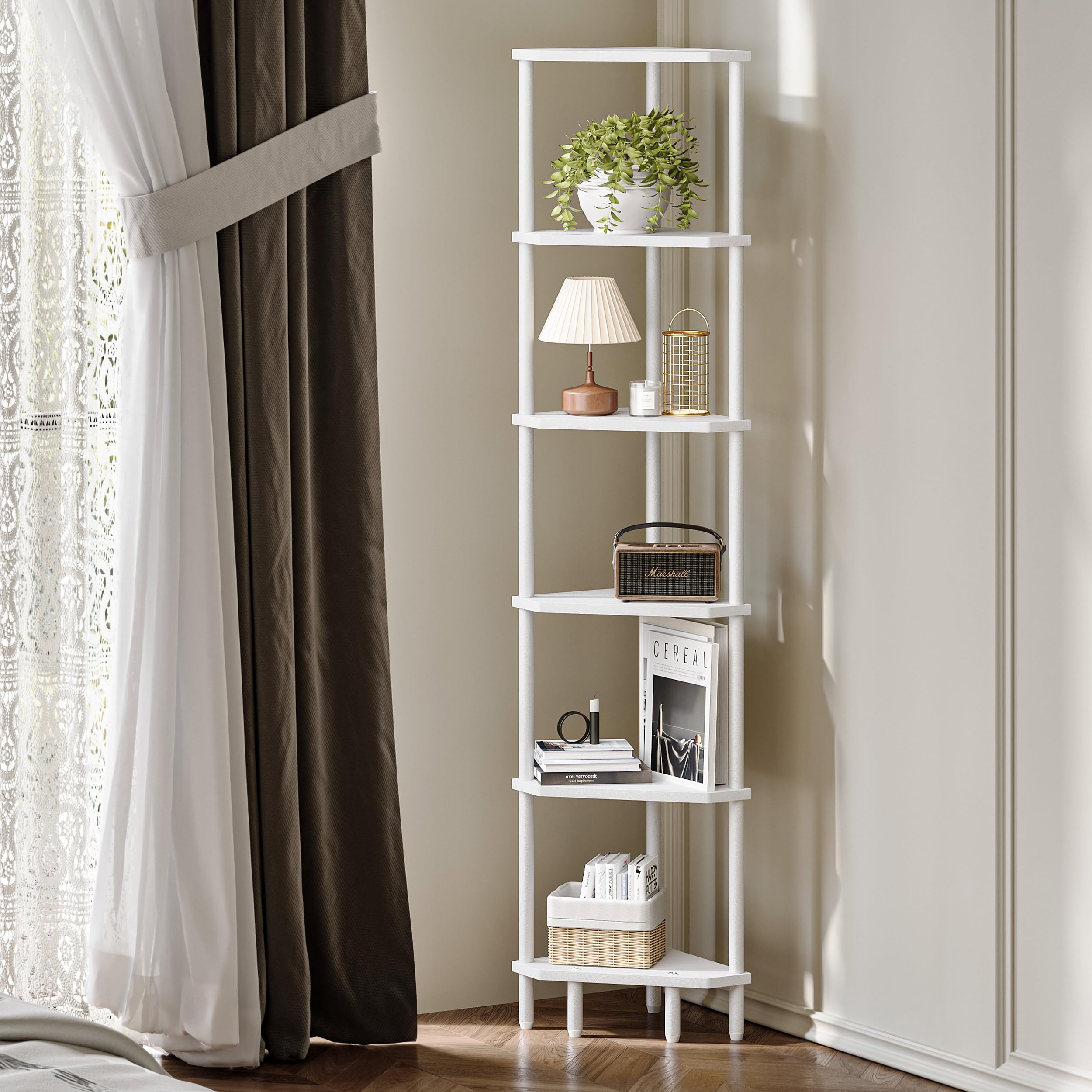 6-Tier Black Corner Shelf, Tall Display Bookshelf & Plant Stand