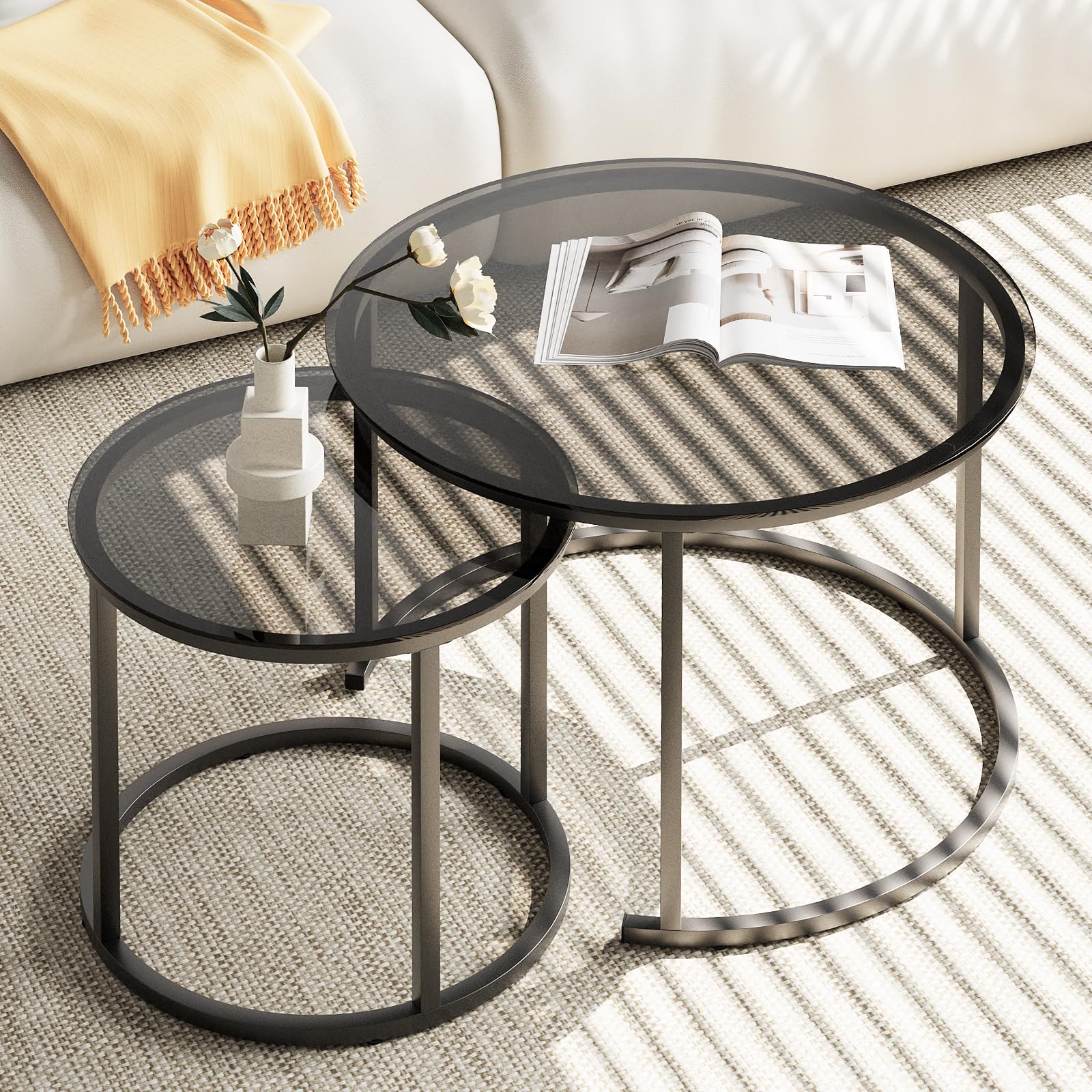 aboxoo Coffee Table Nesting Side Round Set of 2 End Table Top Sturdy Metal Frame Desk Centerpiece Living Room Bedroom Apartment Modern Industrial Simple Nightstand