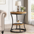 Round End Table, 2 Tier Industrial Side Table, Accent Bedside Table Nightstand with Metal Frame for Living Room, Bedroom, Small Spaces, Easy Assembly, Rustic Brown & Black