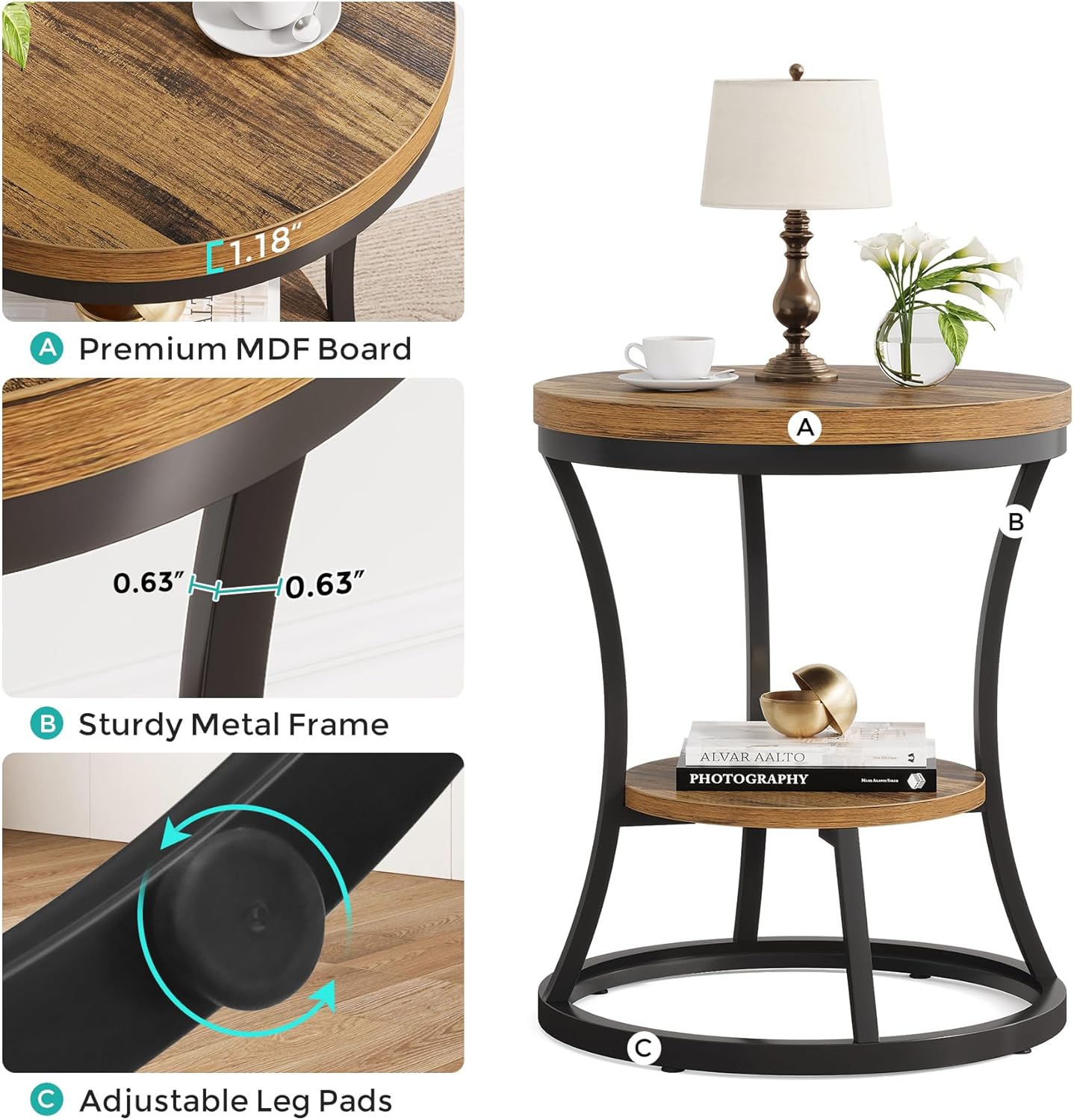 Round End Table, 2 Tier Industrial Side Table, Accent Bedside Table Nightstand with Metal Frame for Living Room, Bedroom, Small Spaces, Easy Assembly, Rustic Brown & Black