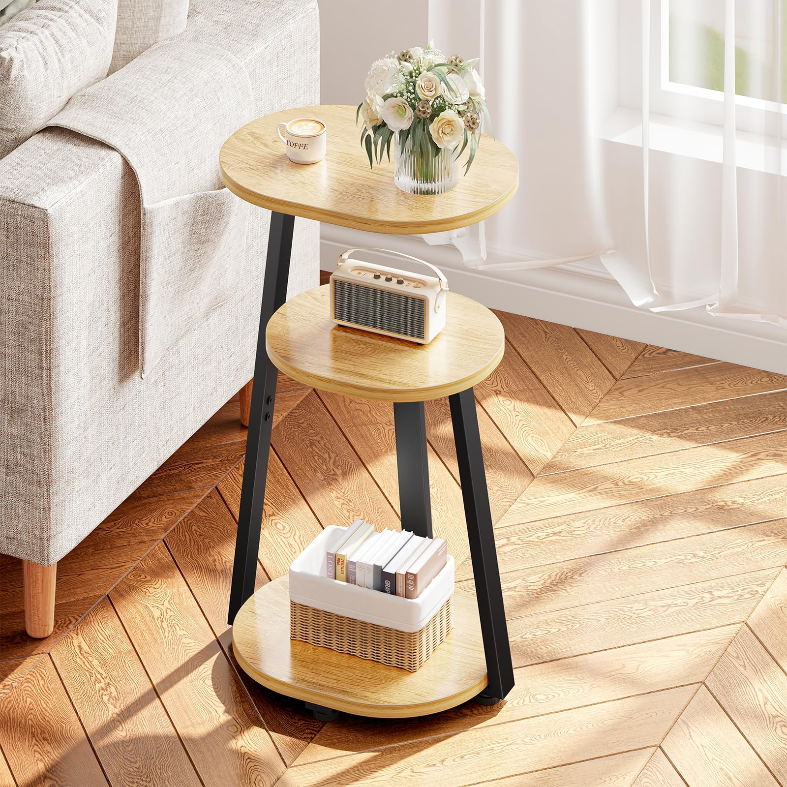 Kalrin Side Table, Small End Table with Metal Frame, 3-Tier Bedside Tables, Round Side Tables for Living Room Bedroom Couch Bathroom, Oval, Pure Black