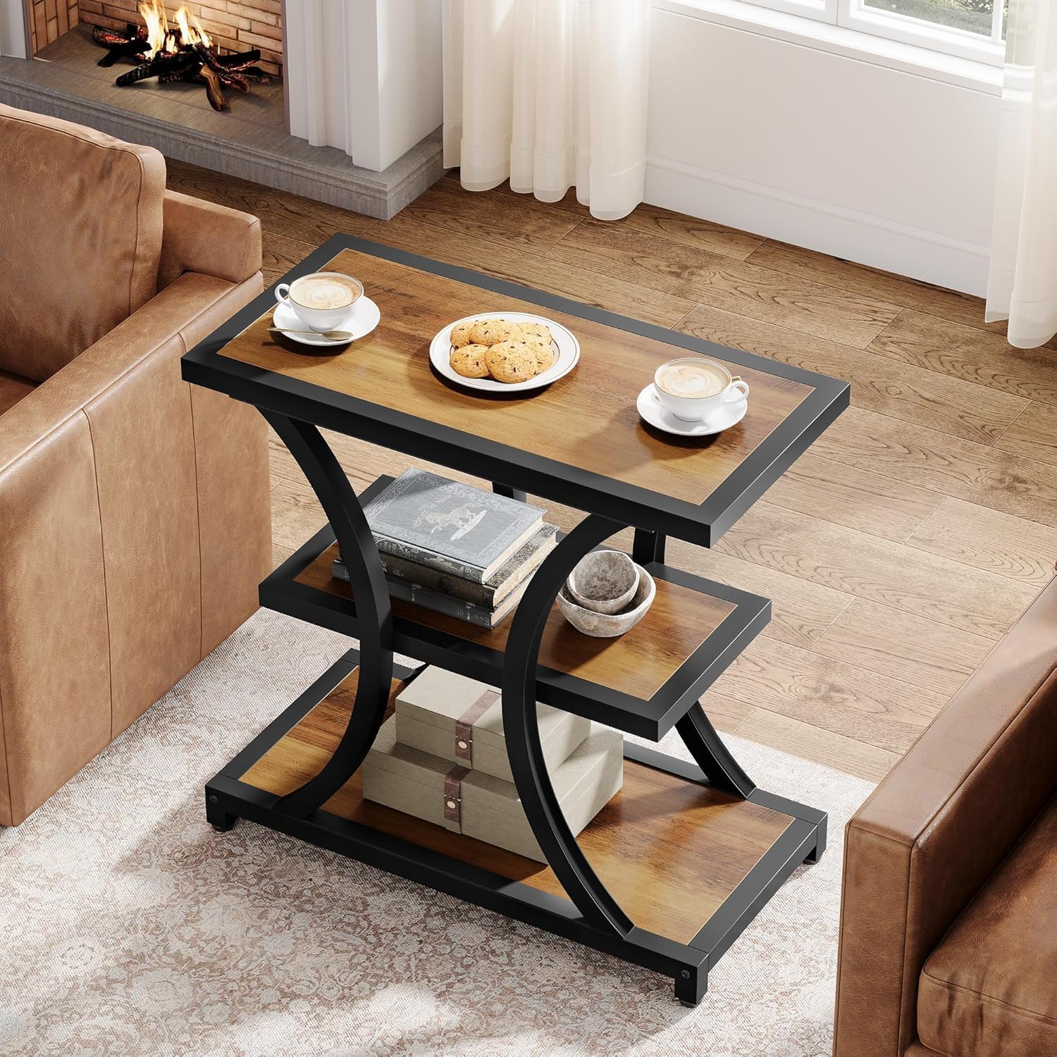 Tribesigns End Table with Storage, 3-Tier Side Table with Geometric Metal Design, Industrial Nightstand for Small Spaces, Living Room, Bedroom, Study Room (Rustic Brown)