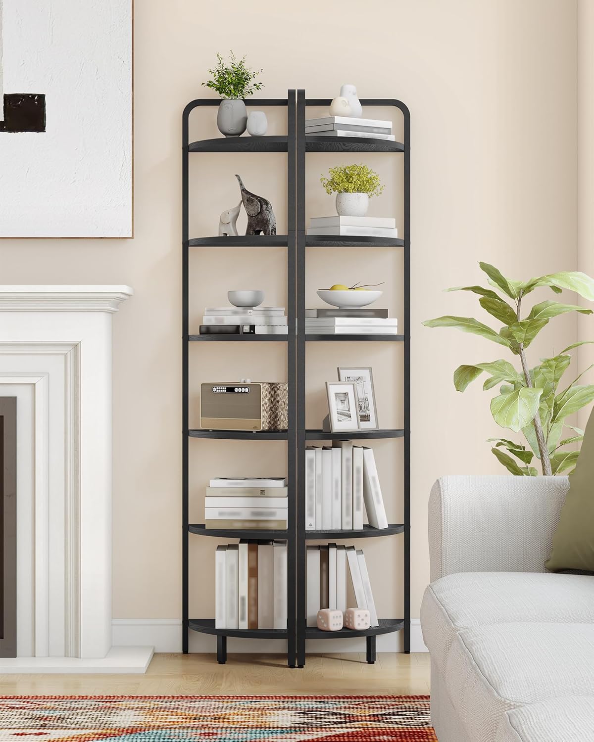 Hzuaneri Corner Shelf Stand, Corner Bookshelf, Plant Shelf, Corner Display Rack, Standing Shelf with Metal Frame for Living Room, Bathroom, Kitchen, Industrial Style, 6 Tier Black CS06604B