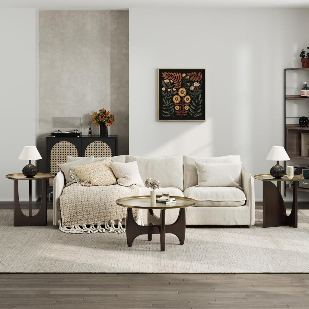 Mid Century Modern Round Coffee Table, Small Center Table with Stainless Steel Top and X-Shaped Wood Base for Living Room, Bedroom, Home Office, Walnut