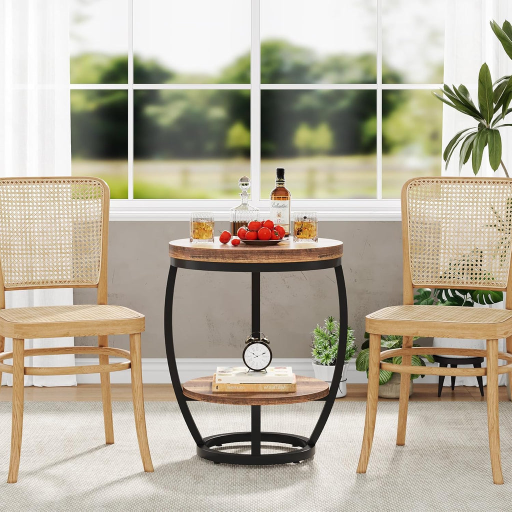 Round End Table, 2 Tier Industrial Side Table, Nightstand with Metal Frame, Accent Bedside Table with Storage Shelves for Living Room, Bedroom, Small Spaces, Rustic Brown & Black