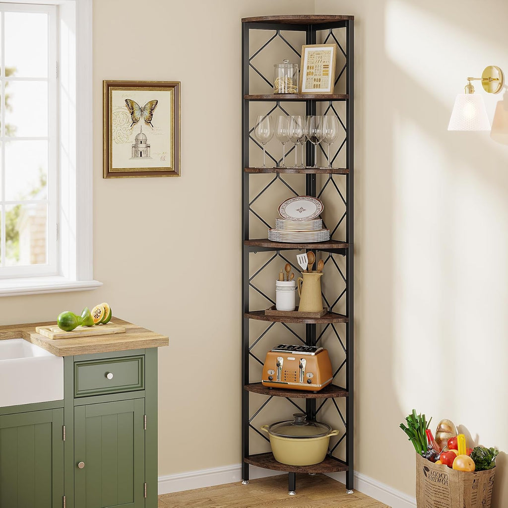 Tribesigns 7-Tier Corner Shelf, 78.7” Extra Tall Corner Bookcase, Industrial Slim Corner Bookshelf for Small Narrow Space, Wood Corner Shelf Stand Storage Rack for Living Room, Home Office