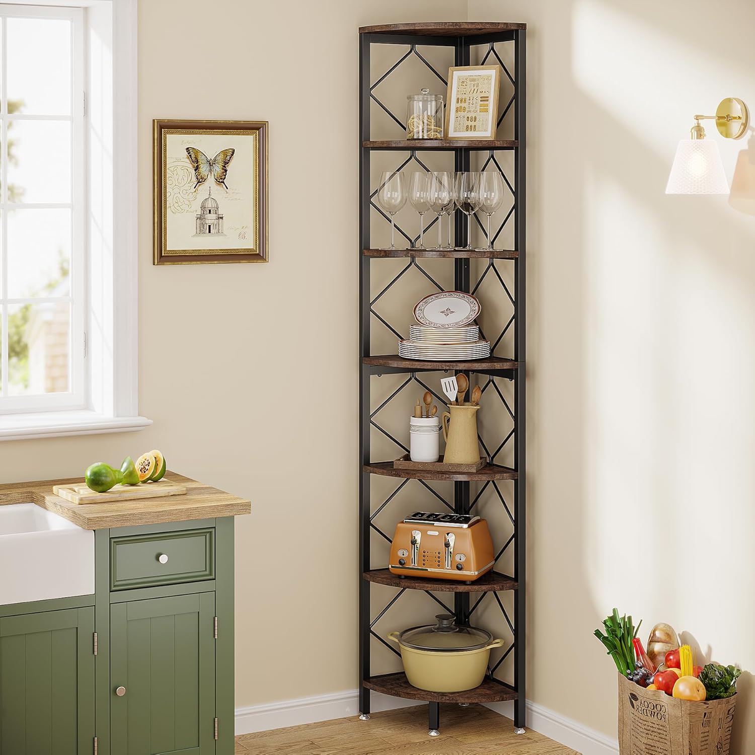 Tribesigns 7-Tier Corner Shelf, 78.7” Extra Tall Corner Bookcase, Industrial Slim Corner Bookshelf for Small Narrow Space, Wood Corner Shelf Stand Storage Rack for Living Room, Home Office