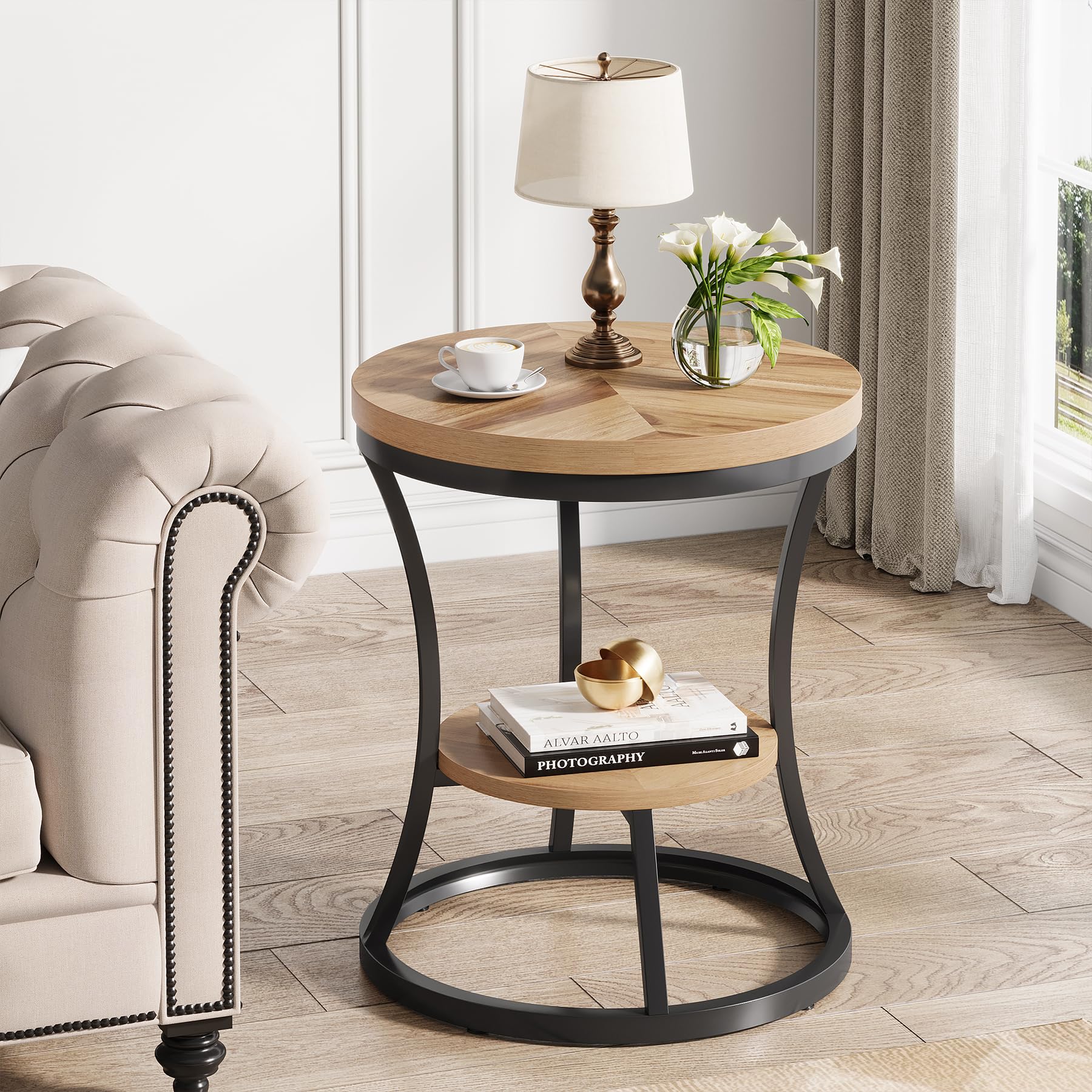 Round End Table, 2 Tier Industrial Side Table, Accent Bedside Table Nightstand with Metal Frame for Living Room, Bedroom, Small Spaces, Easy Assembly, Rustic Brown & Black