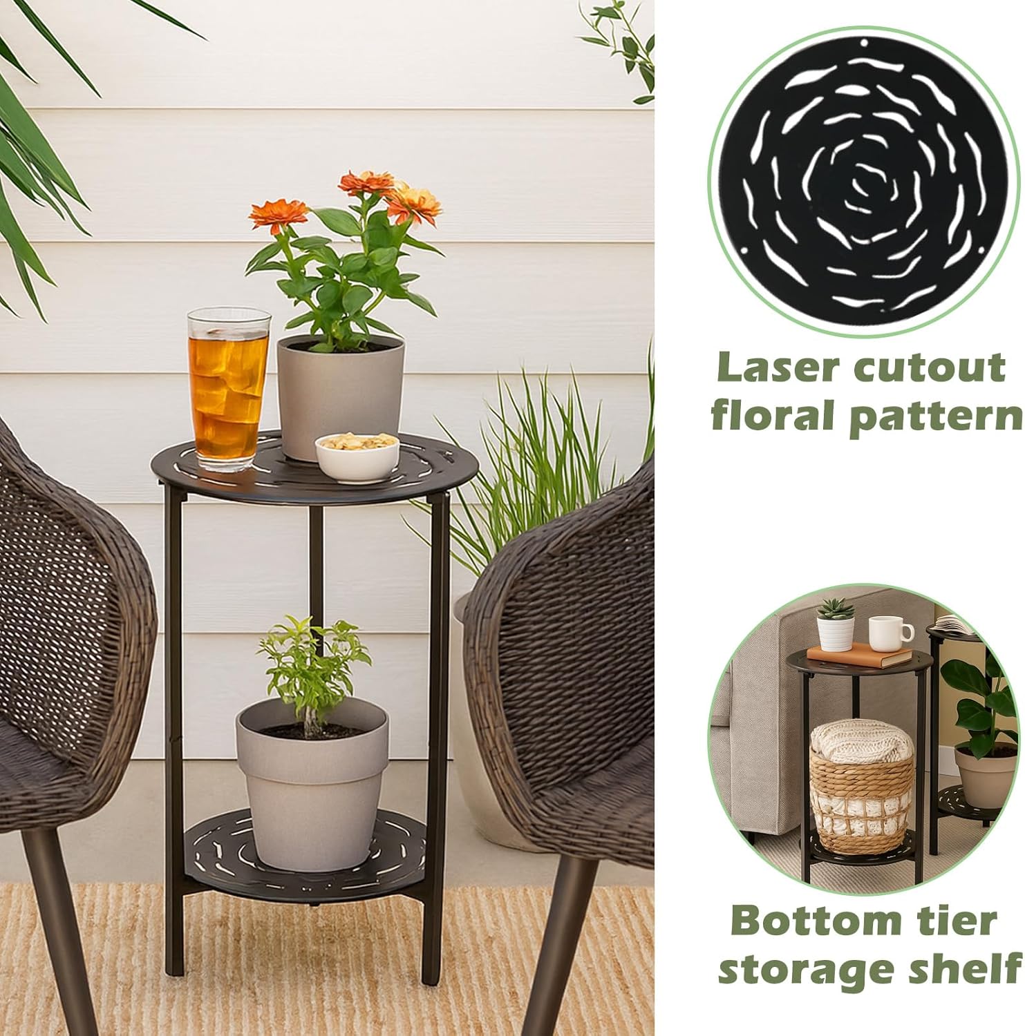2-Tier Metal Round Side Table Black Accent Coffee Tables Small Space Corner Plant Stand Shelf for Indoor Outdoor Use Patio Balcony End Table Laser-Cut Floral Pattern Weather-Resistant