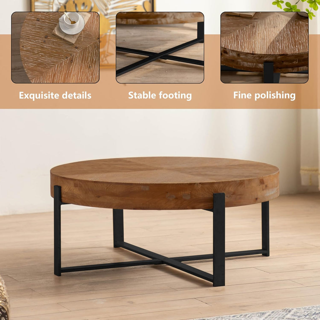 31.29" Splicing Round Coffee Table, Wood Top & Black Legs