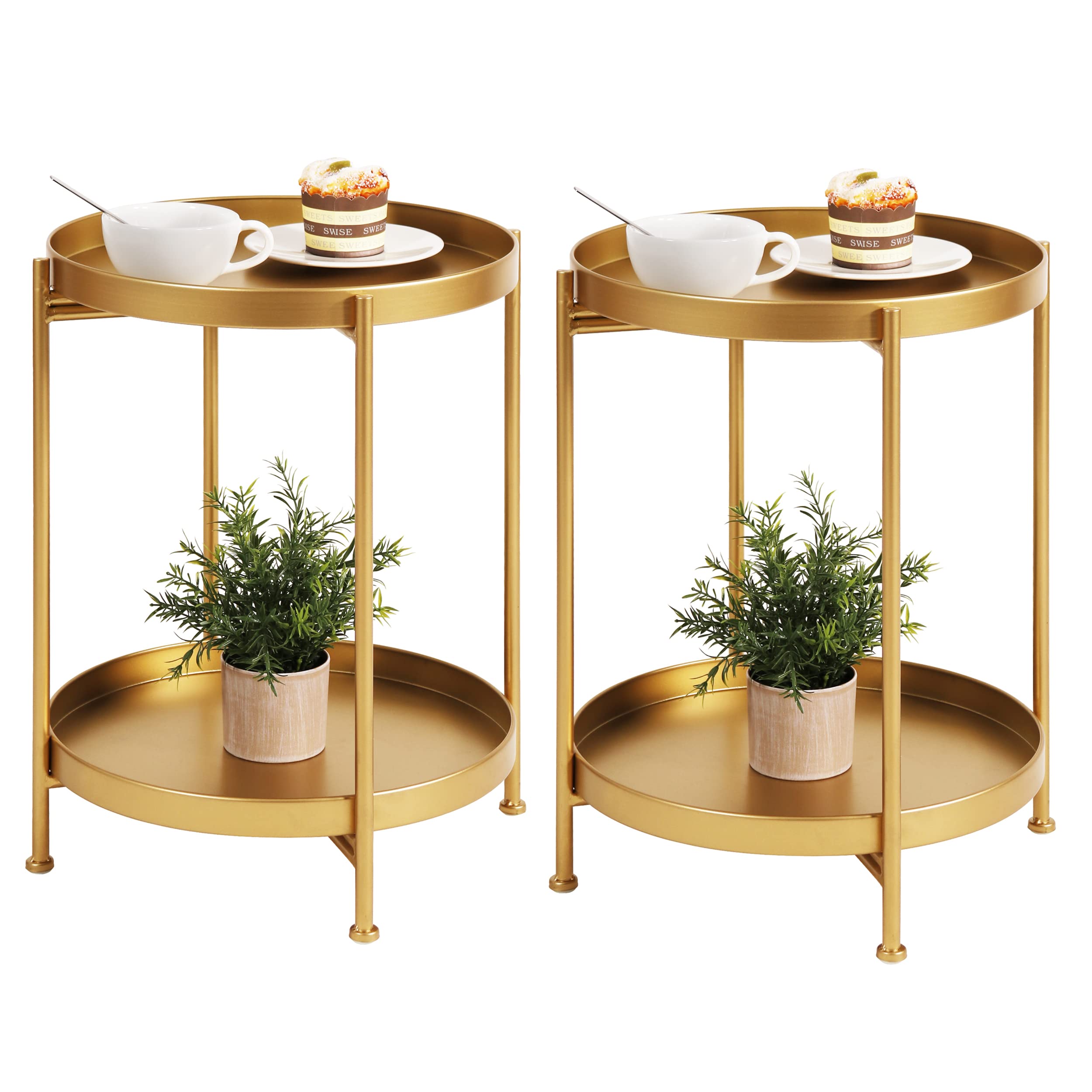 Tiita Round End Table Mental 2-Tier Side Table Nightstand/Small Iron Tables Accent Coffee Table for Living Room Bedroom Office Small Space