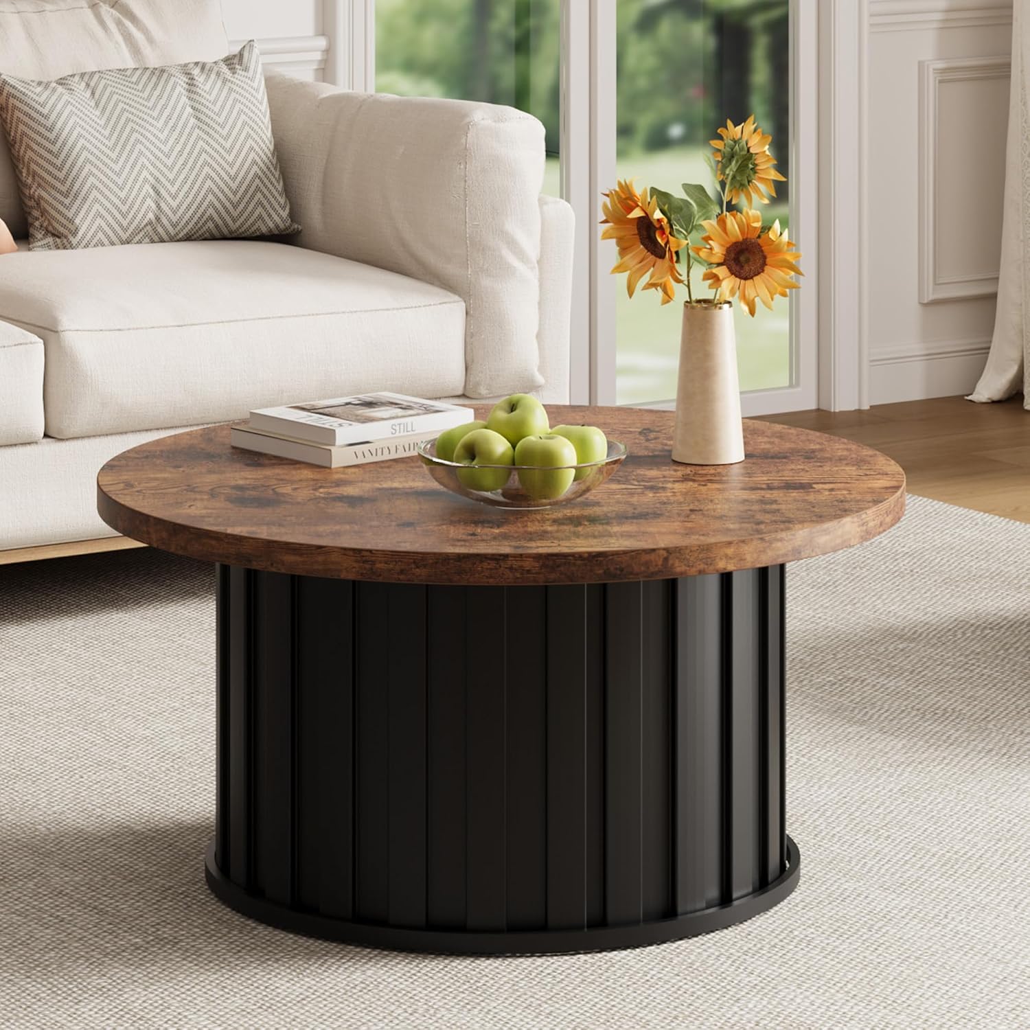 GAOMON 31.9" Round Coffee Table Mid-Century Modern with Fluted Texture & Sturdy Metal Base, Vintage Grey Accent Table for Living Room, Apartment & Small Space, Brown+Black