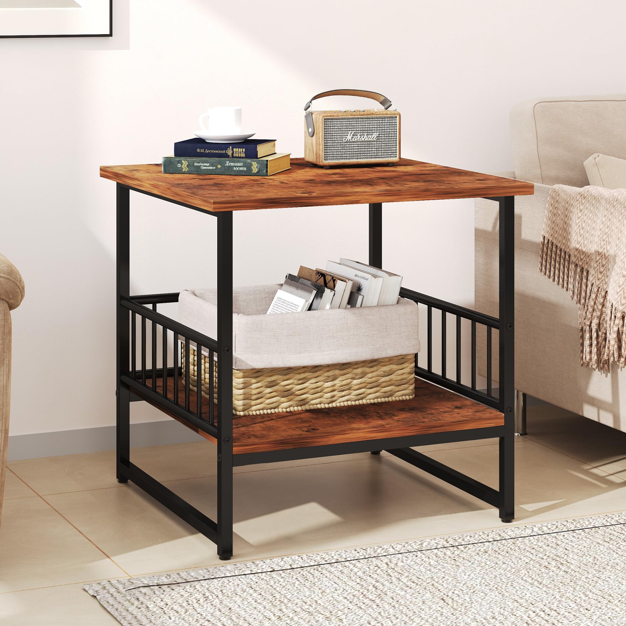 EazeHome End Table 24" for Living Room, Large Square Side Table with 2-Tier Storage, Rustic Brown Tall Industrial Night Stand for Bedroom, Rustic Brown