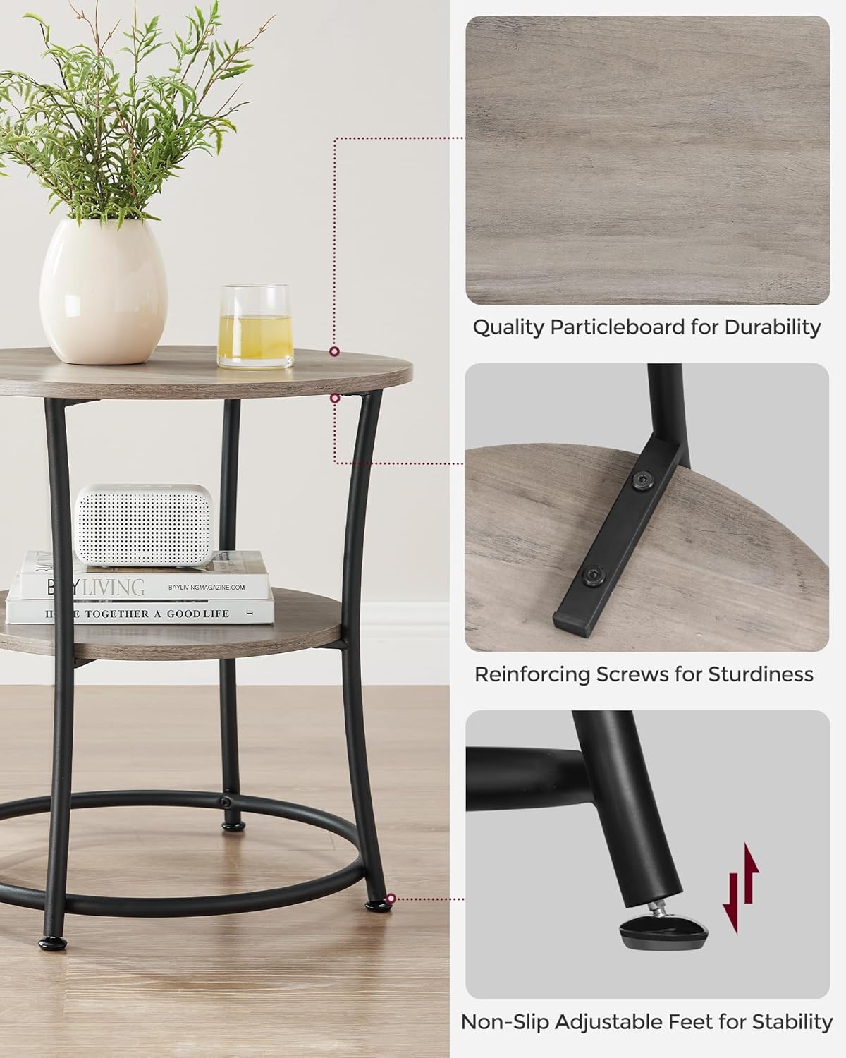 VASAGLE 21.7-Inch Round Side Table, 2-Tier End Table, Nightstand with Steel Frame, Spacious Top, for Small Spaces, Living Room, Bedroom, Heather Greige and Ink Black ULET56BG | 2 Storage Shelves