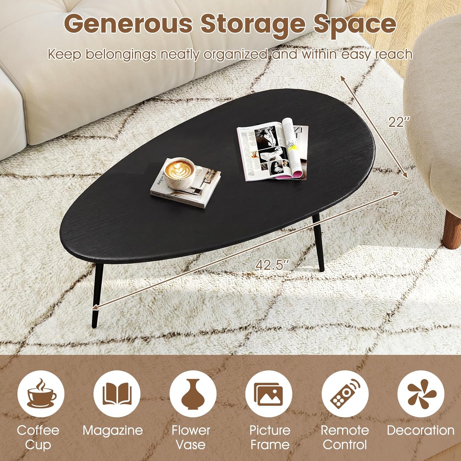 Giantex Oval Coffee Table, Mid Century Modern Center Table with Sturdy Metal Frame and Compact Design, Vintage Accent Cocktail Tea Table, Wood Living Room Tables for Small Spaces (Black)