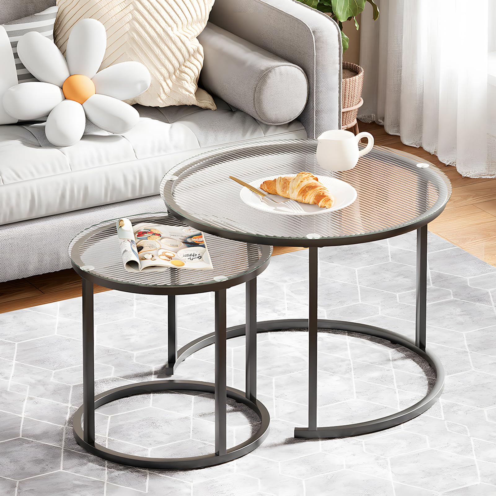 aboxoo Coffee Table Nesting Side Round Set of 2 End Table Top Sturdy Metal Frame Desk Centerpiece Living Room Bedroom Apartment Modern Industrial Simple Nightstand
