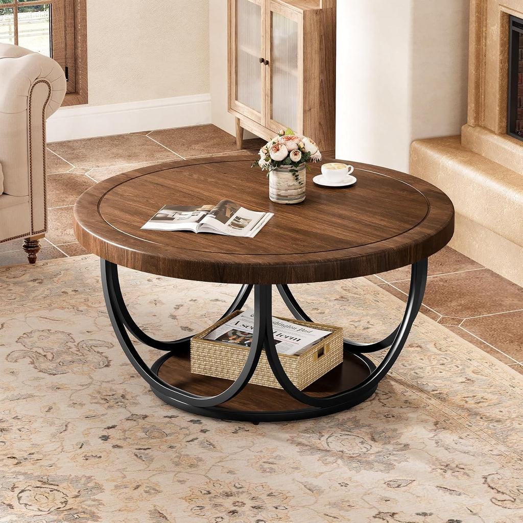 Tribesigns Round Coffee Table with 2 Tiers, 31.5" Wooden Circle Accent Cocktail Table with Storage Shelf and Metal Frame, Industrial Center Tables for Living Room, Brown & Black