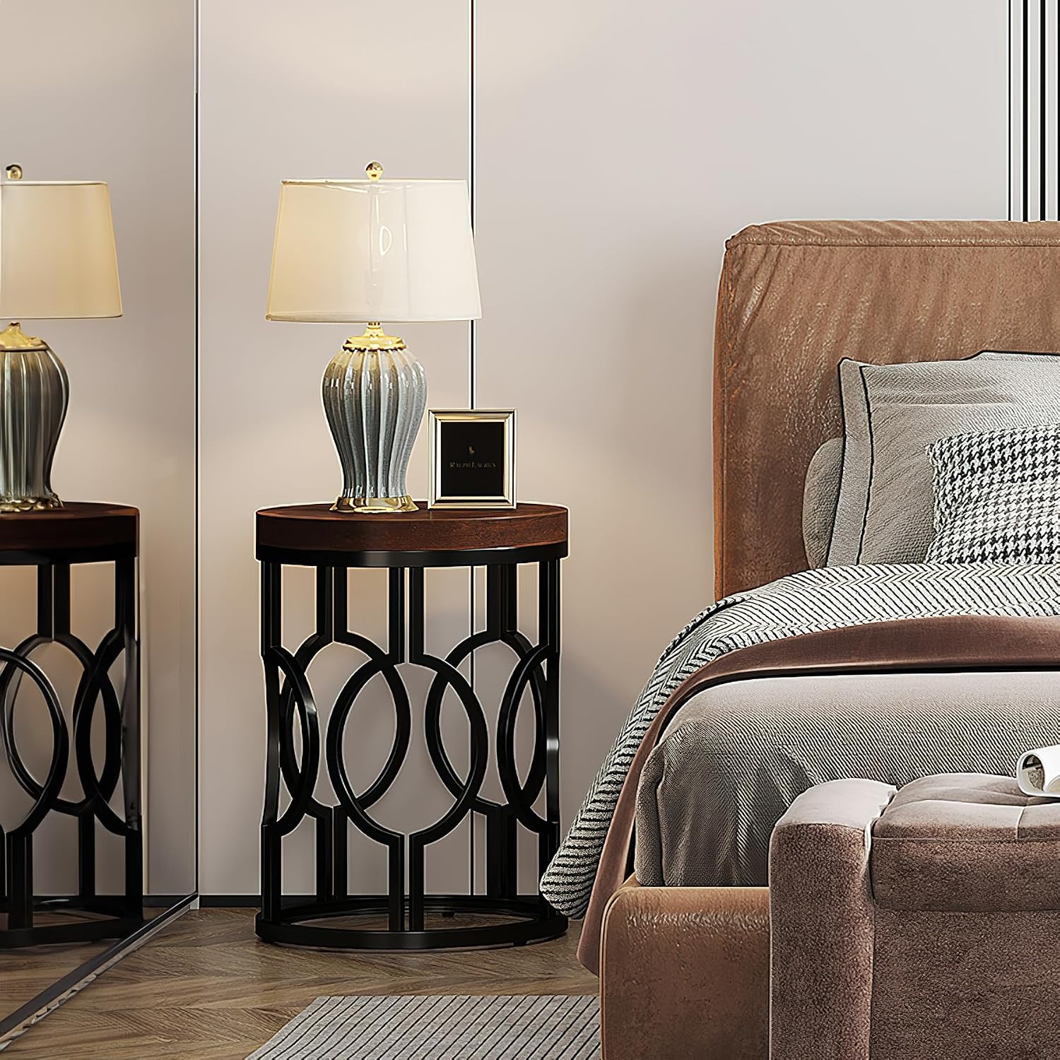 Tribesigns Round End Table, Industrial SideTable with Metal Hollow Frame, Small Bedside Table Nightstand for Living Room, Bedroom, Easy Assembly (Rustic Brown,1PC)