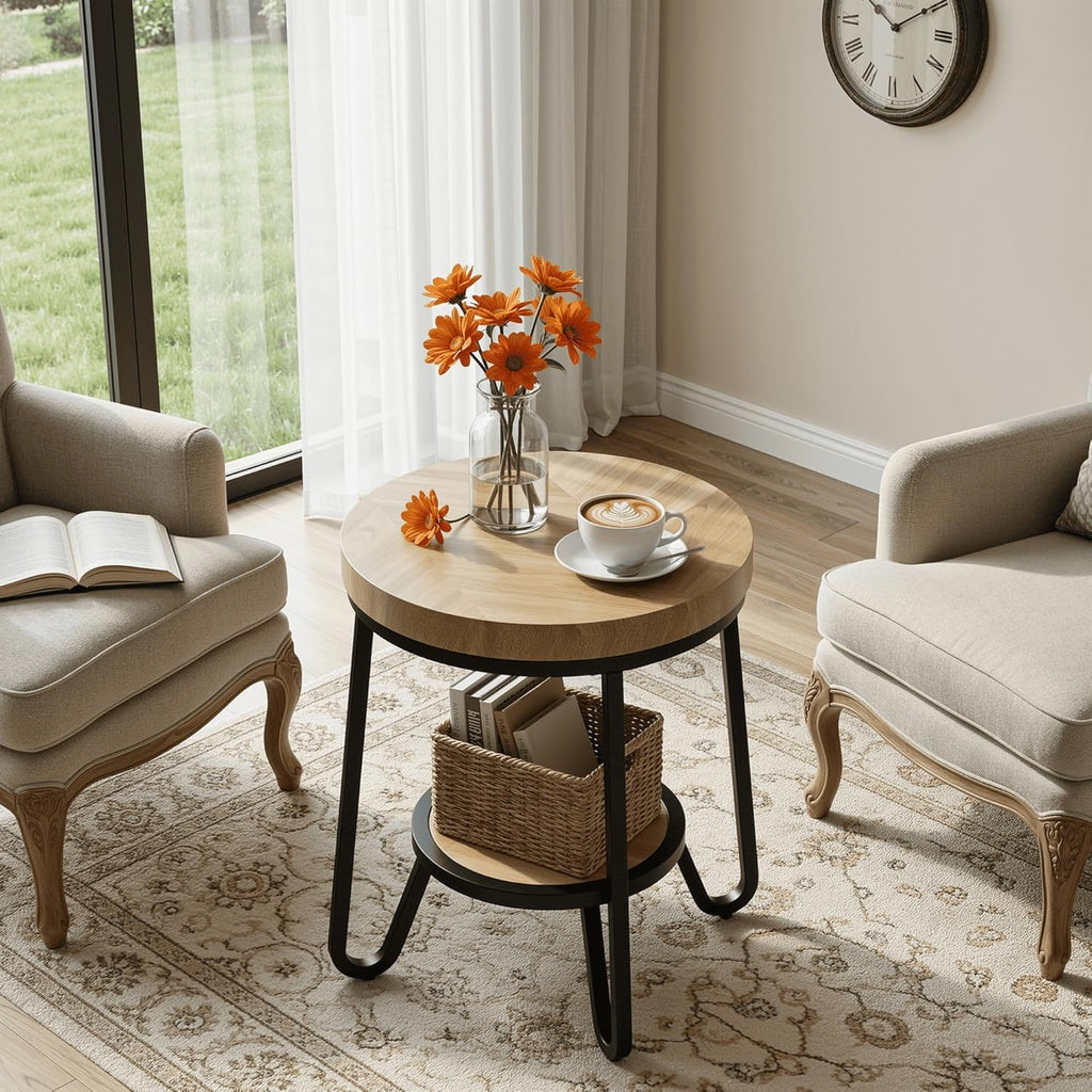 IRONCK Round Side Table, 2 Tier Industrial End Table with Storage Shelf, 19.7" Accent Bedside Table for Living Room, Bedroom, Small Spaces, Wood Tabletop & Curved Metal Legs, Light Brown