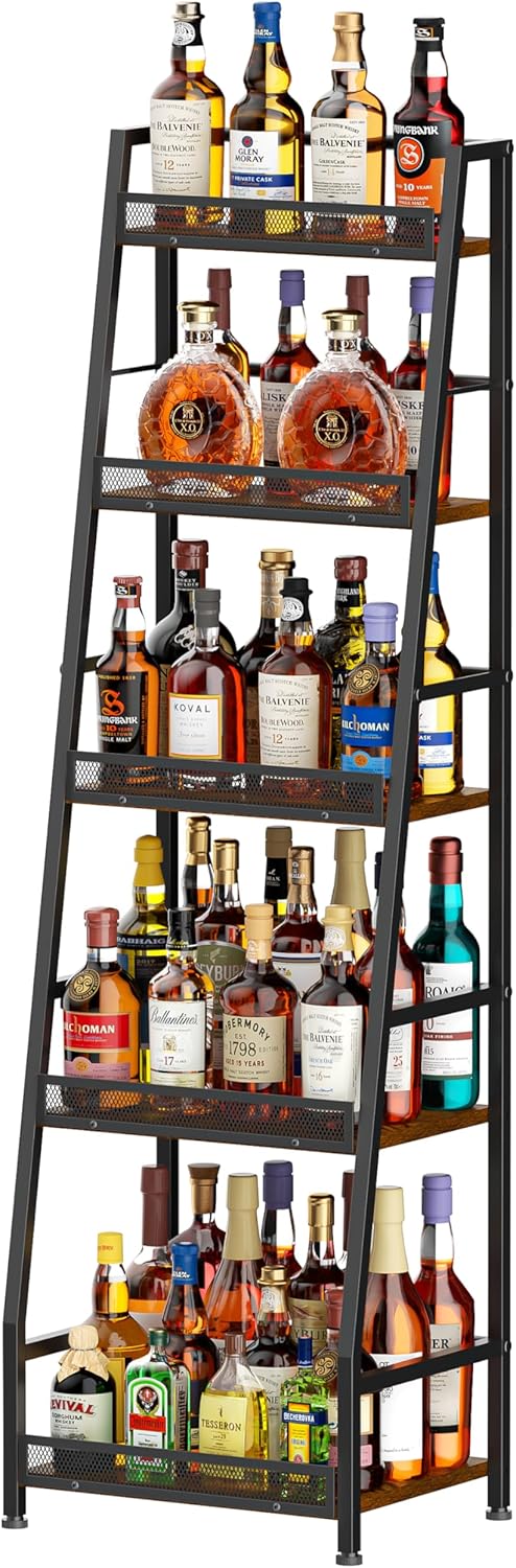 5-Tier Trapezoid Liquor Stand for Home Bar, Large-Capacity Liquor Cabinet Bar for Home, Stepped Wine Rack Freestanding Floor for Whiskey, Corner Wine Bottle Display Shelf with Fences for Living Room