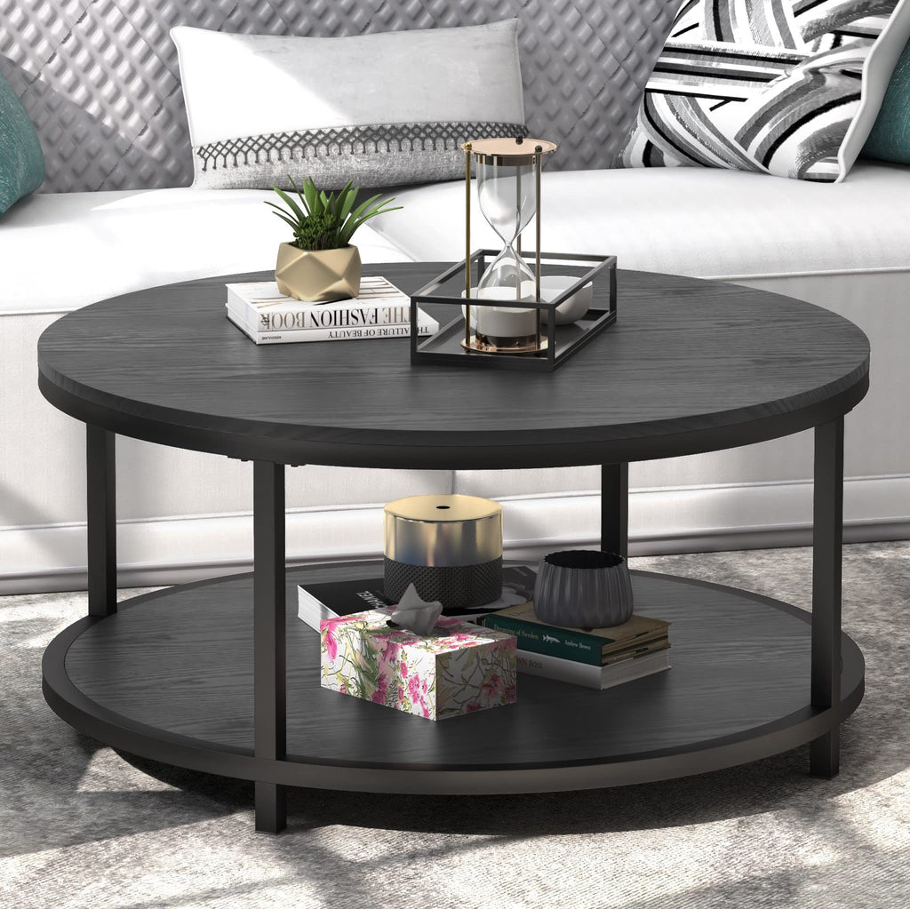 WiberWi Round Coffee Table 35.8" Rustic Vintage Industrial Design Furniture Sturdy Metal Frame Legs Sofa Table Cocktail Table with Storage Open Shelf for Living Room, Easy Assembly, Dark Brown