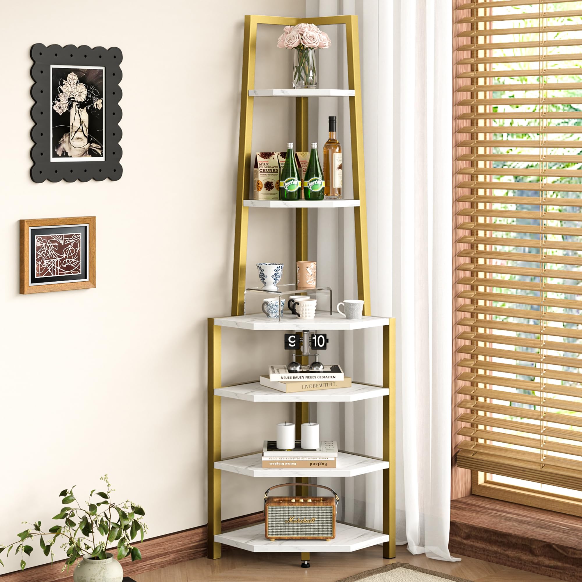 VECELO 6 Tier Corner Shelf 69 Inch Industrial Bookshelf with Metal Frame, Multipurpose Tall Plant Stand with Opening Display Shelves for Living Room, Bedroom, Home Office, Small Space, Black