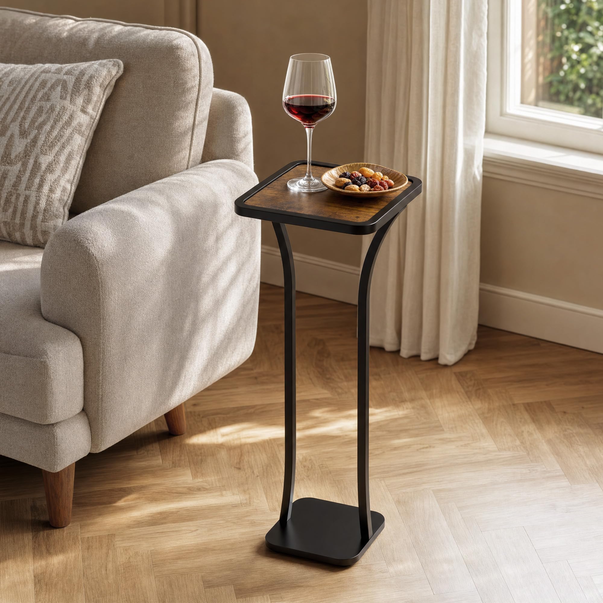 Small Square Side Table, Drink Table with Weighted Base, Solid Wood & Metal Accent Table for Small Spaces, Pedestal End Table for Living Room, Bedroom, Office(Black + Walnut)