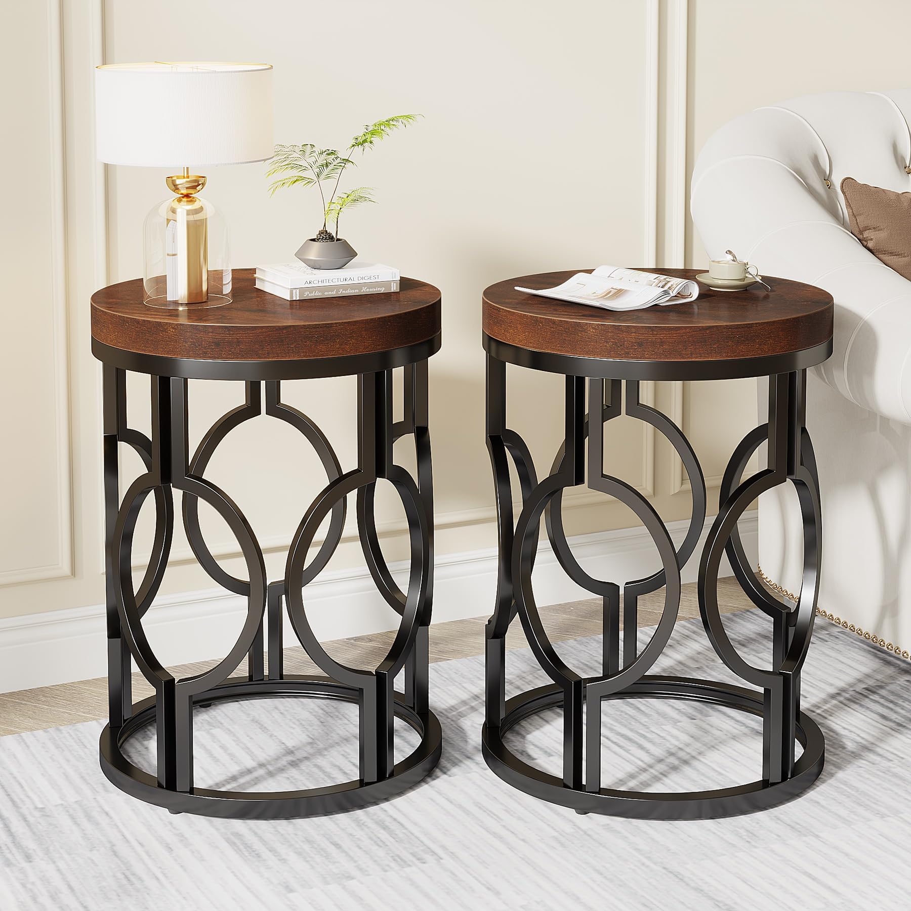 Tribesigns Round End Table, Industrial SideTable with Metal Hollow Frame, Small Bedside Table Nightstand for Living Room, Bedroom, Easy Assembly (Rustic Brown,1PC)