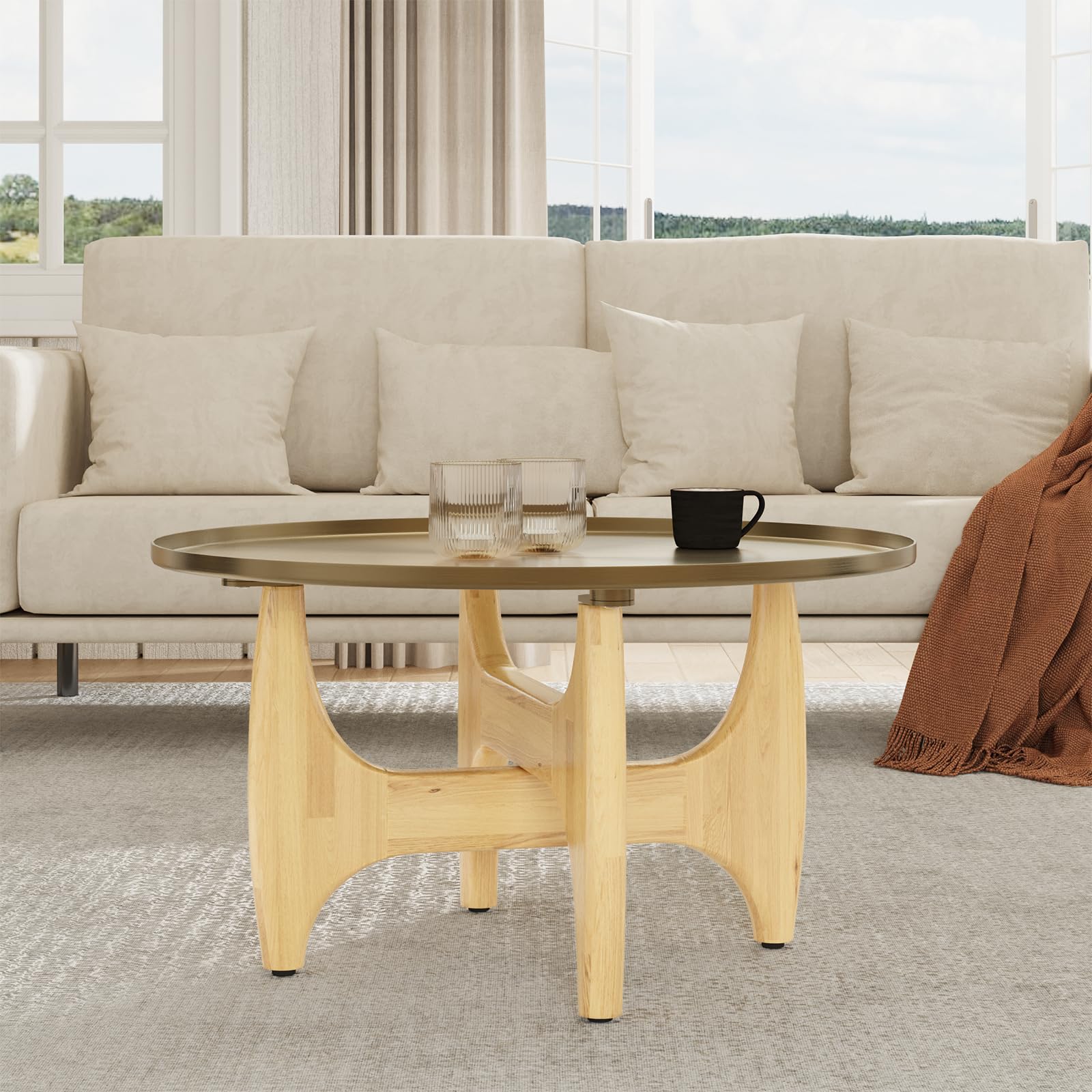 Mid Century Modern Round Coffee Table, Small Center Table with Stainless Steel Top and X-Shaped Wood Base for Living Room, Bedroom, Home Office, Walnut