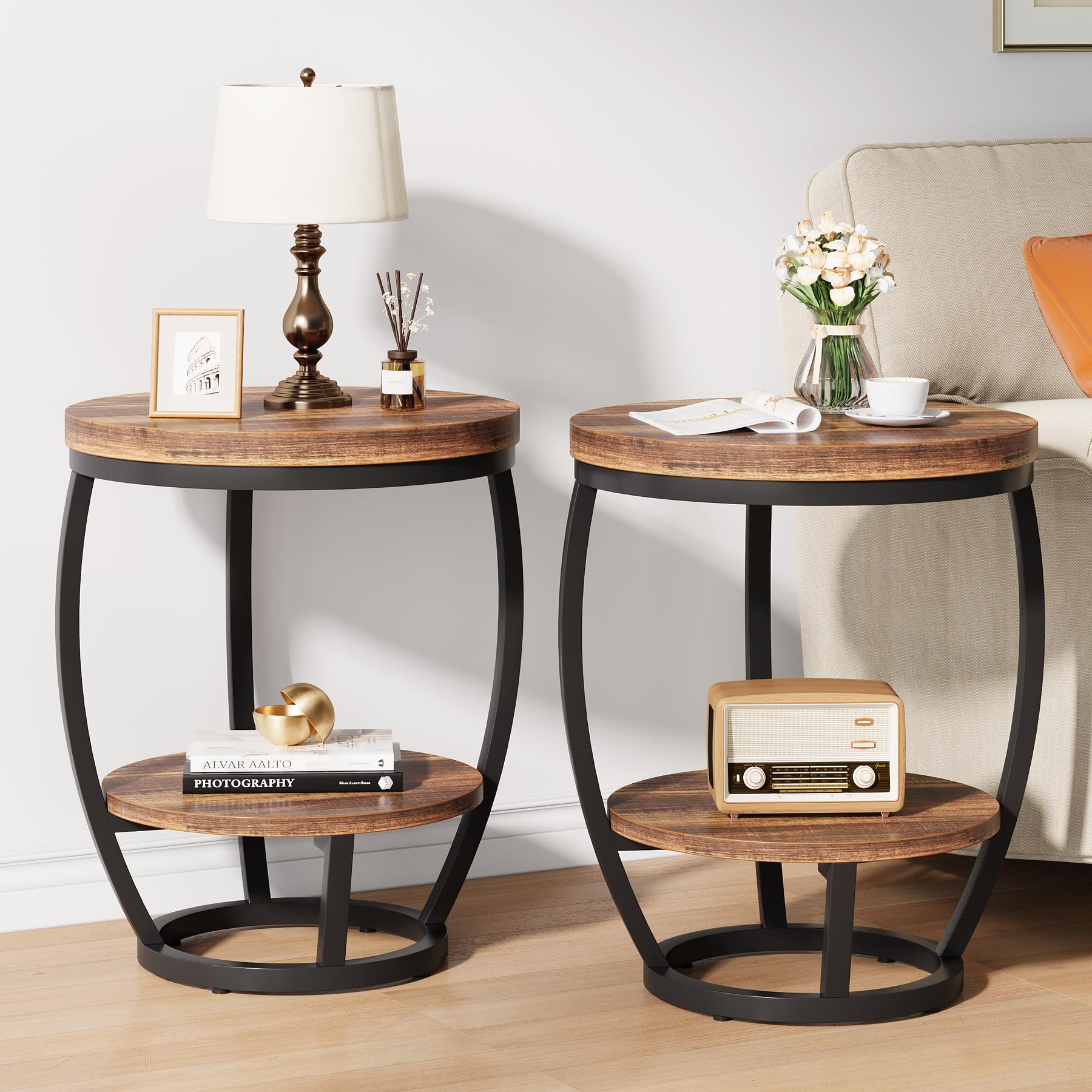 Round End Table, 2 Tier Industrial Side Table, Nightstand with Metal Frame, Accent Bedside Table with Storage Shelves for Living Room, Bedroom, Small Spaces, Rustic Brown & Black