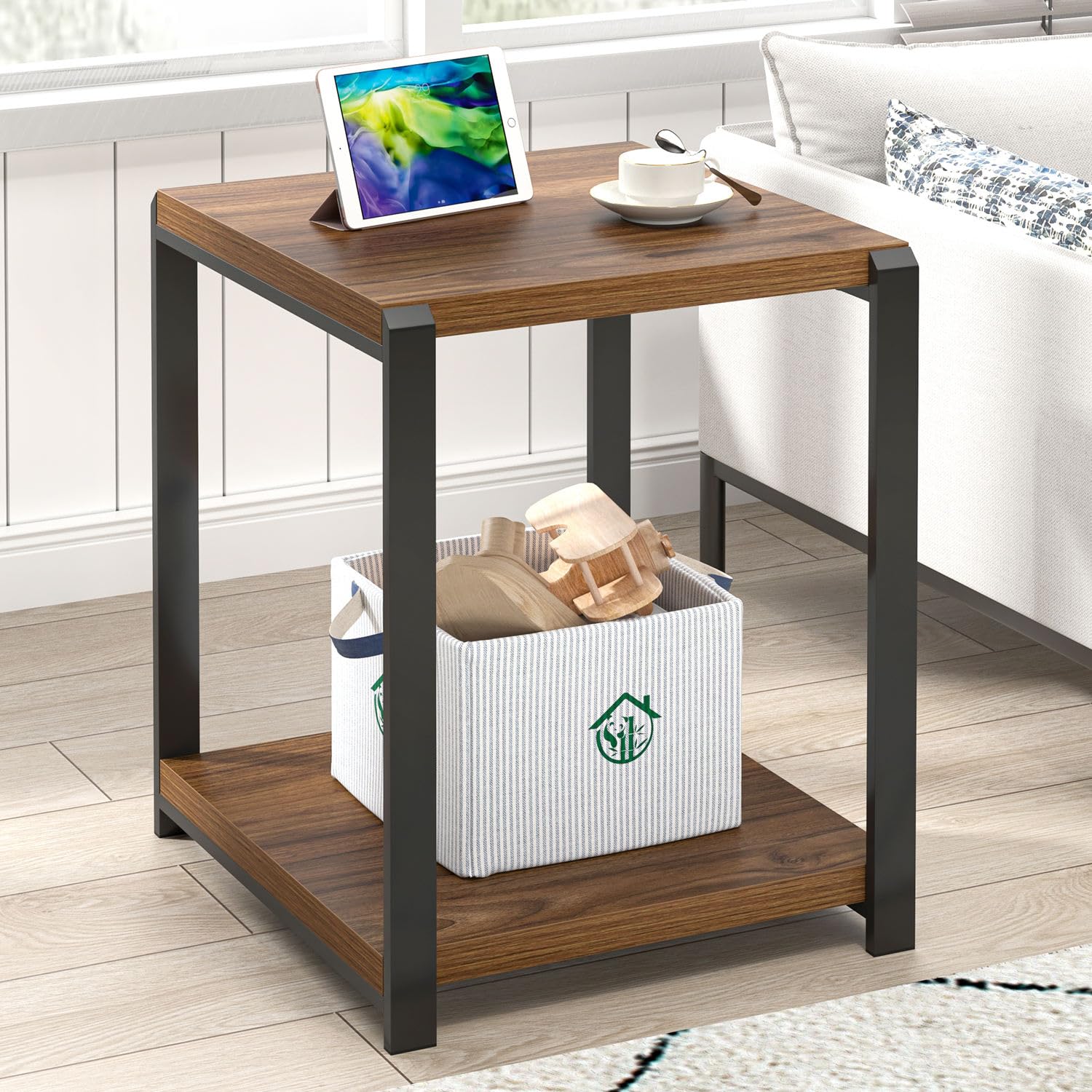 FOLUBAN Industrial End Table, Square Side Table with Storage Shelf for Living Room, Wood and Metal Nightstand, Oak