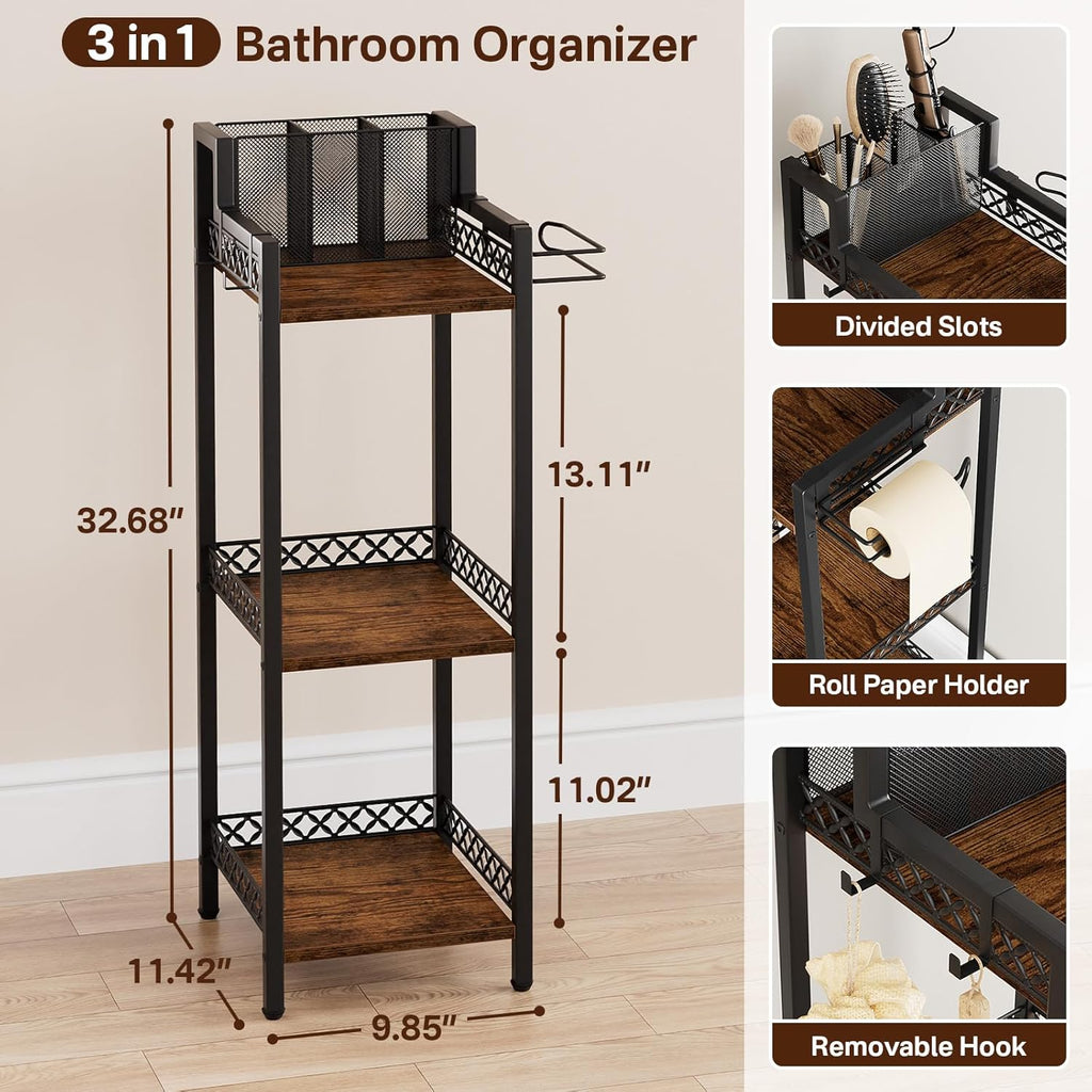 Bathroom Storage and Organizer Shelf Hair Dryer Holder, 9.85in 3-Tier Narrow Metal Standing Rack with Toilet Paper Holder, Corner Stand for Cosmetic, Vanity, Kitchen, Laundry Rustic Brown