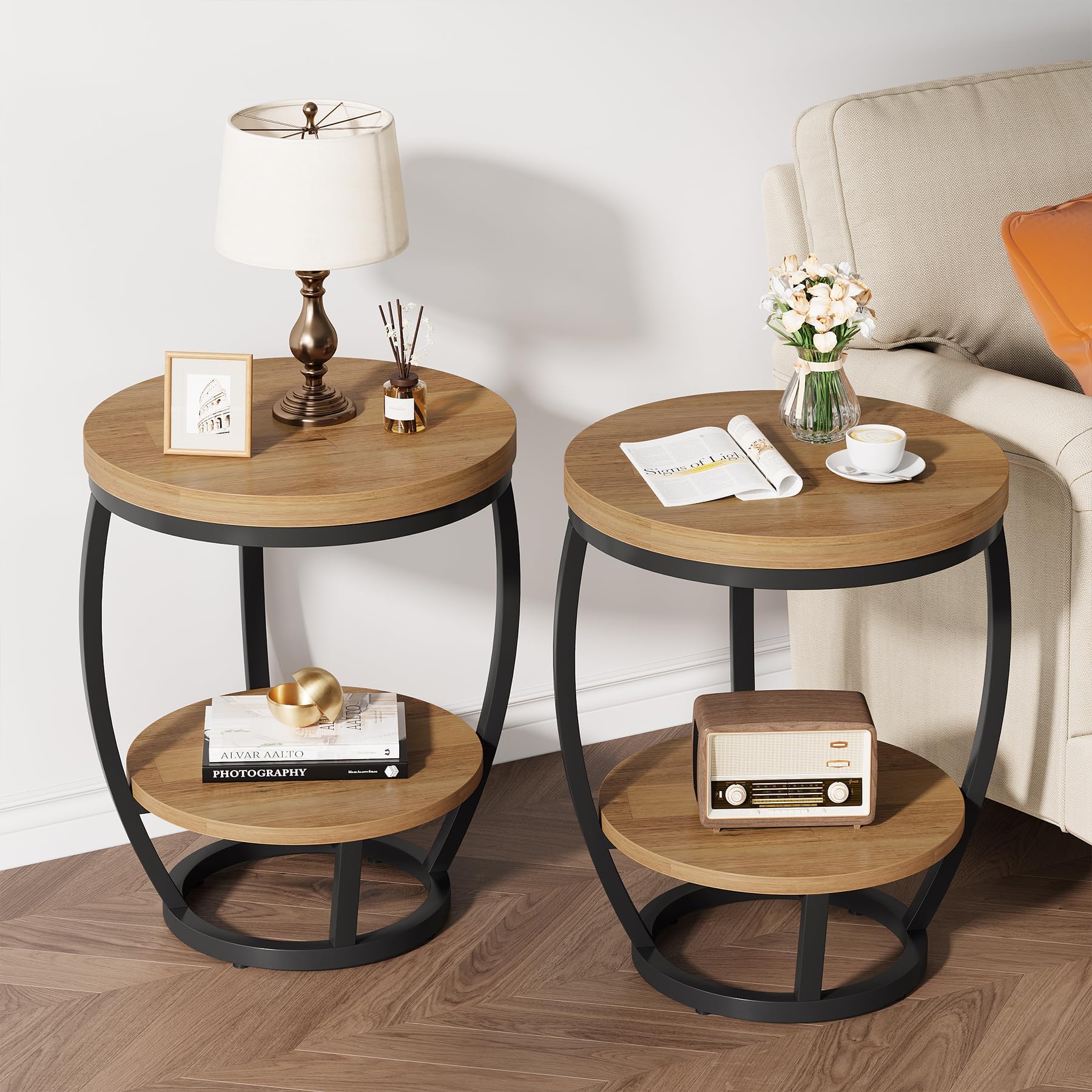 Round End Table, 2 Tier Industrial Side Table, Nightstand with Metal Frame, Accent Bedside Table with Storage Shelves for Living Room, Bedroom, Small Spaces, Rustic Brown & Black