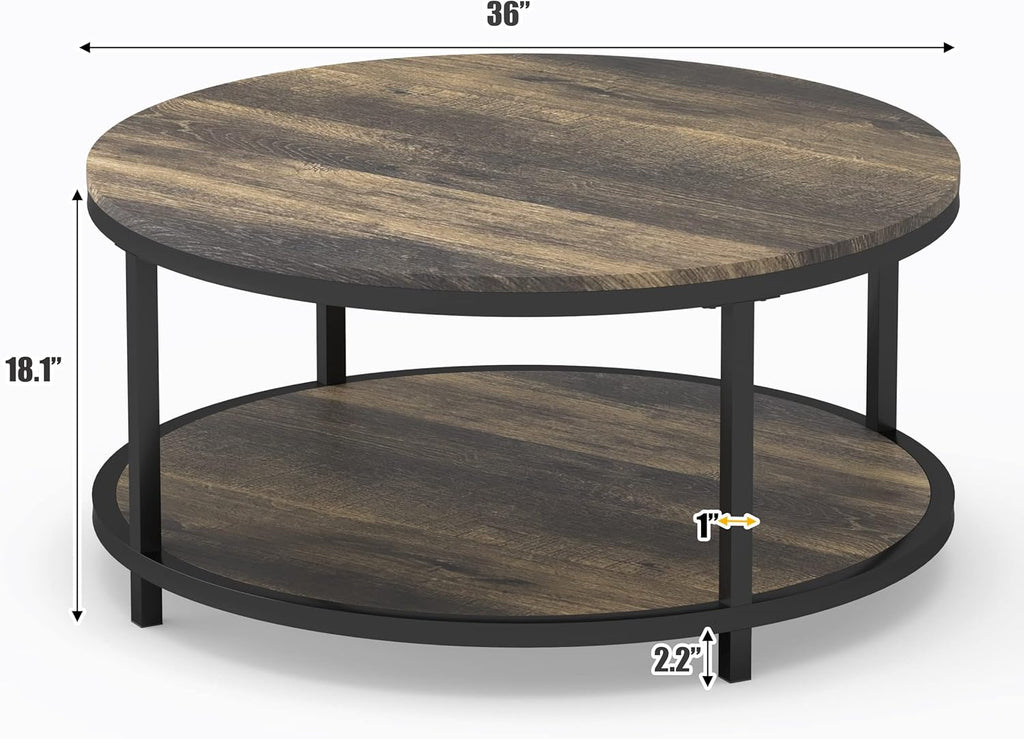 WiberWi Round Coffee Table 35.8" Rustic Vintage Industrial Design Furniture Sturdy Metal Frame Legs Sofa Table Cocktail Table with Storage Open Shelf for Living Room, Easy Assembly, Dark Brown