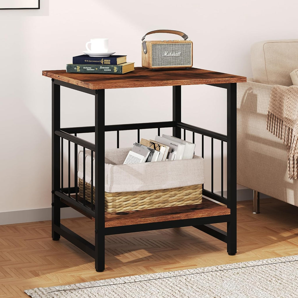 EazeHome Industrial Night Stand, 18” Square Side Table with Open Storage Shelf, Bedside End Table for Bedroom, Heavy Duty Stand for Mini Fridge for Dorm, Kitchen Room, Rustic Brown