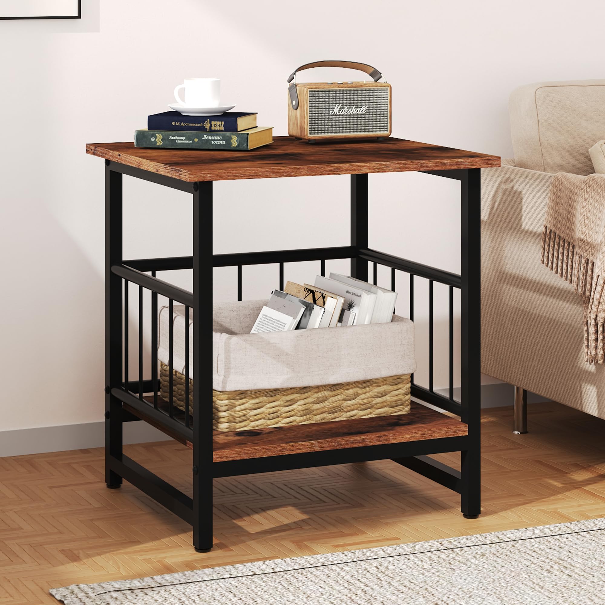 EazeHome End Table 24" for Living Room, Large Square Side Table with 2-Tier Storage, Rustic Brown Tall Industrial Night Stand for Bedroom, Rustic Brown